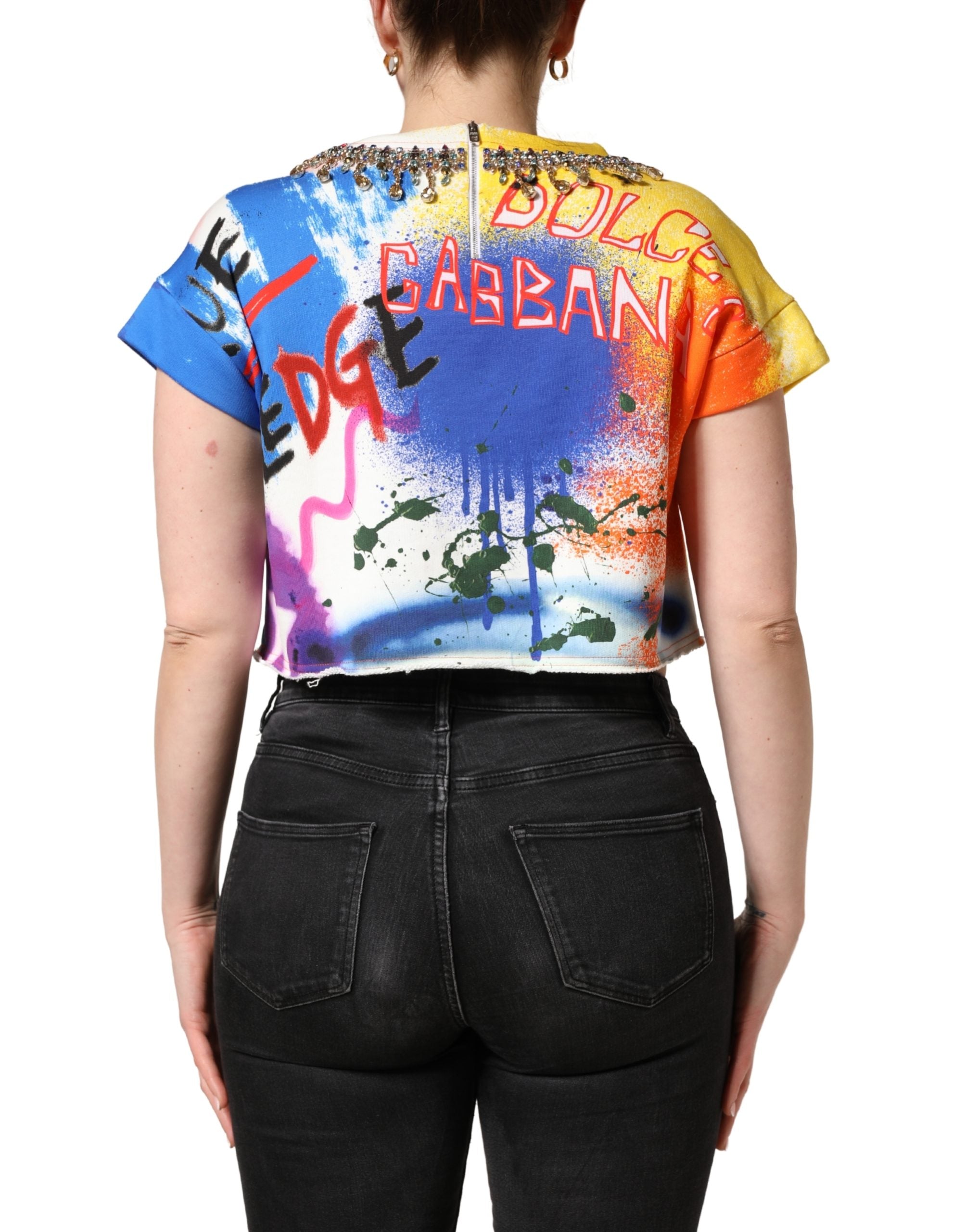 Multicolor Graffiti Crystals Crop Jersey Top - ventzia