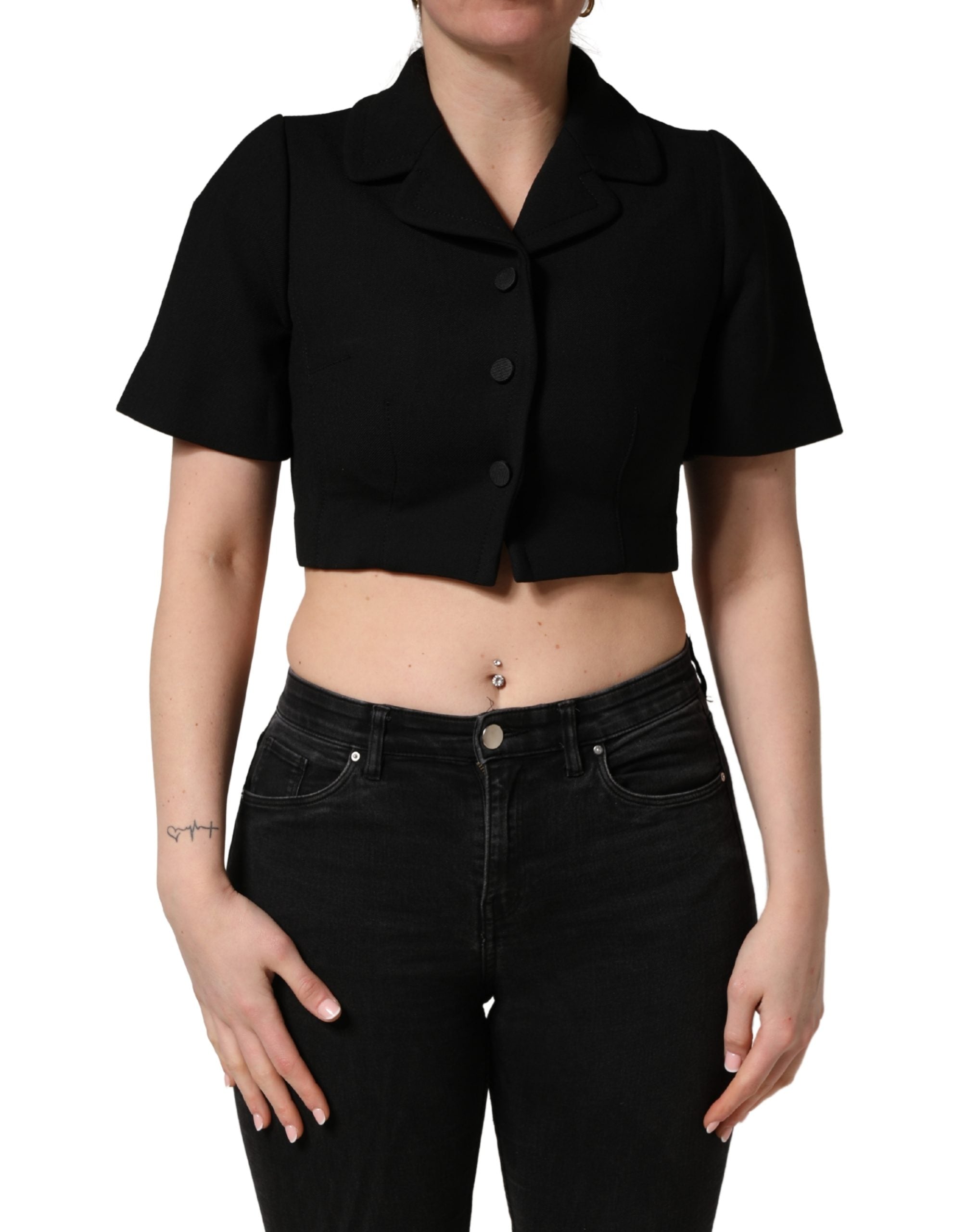 Black Collared Short Sleeves Cropped Blouse Top - ventzia