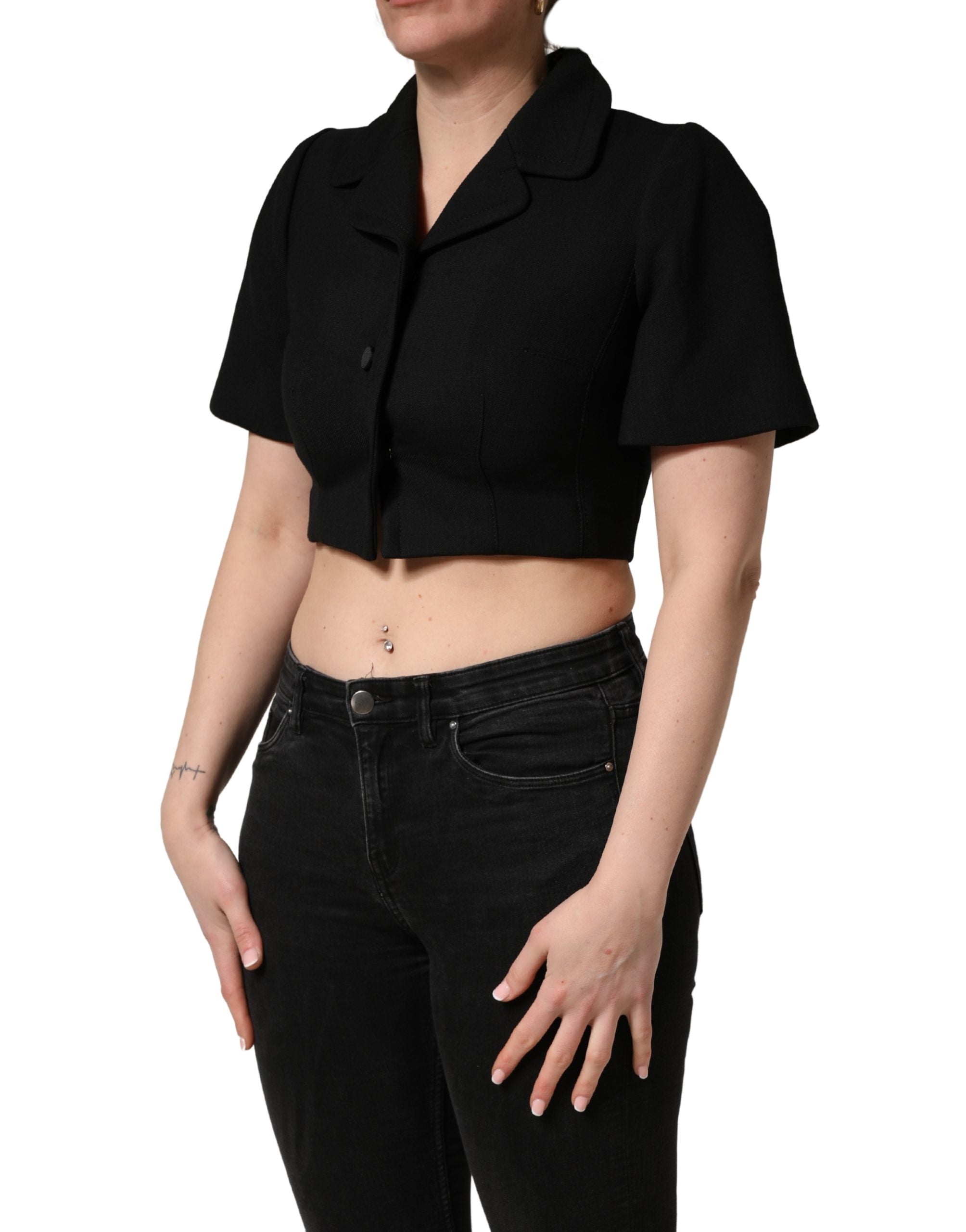 Black Collared Short Sleeves Cropped Blouse Top - ventzia