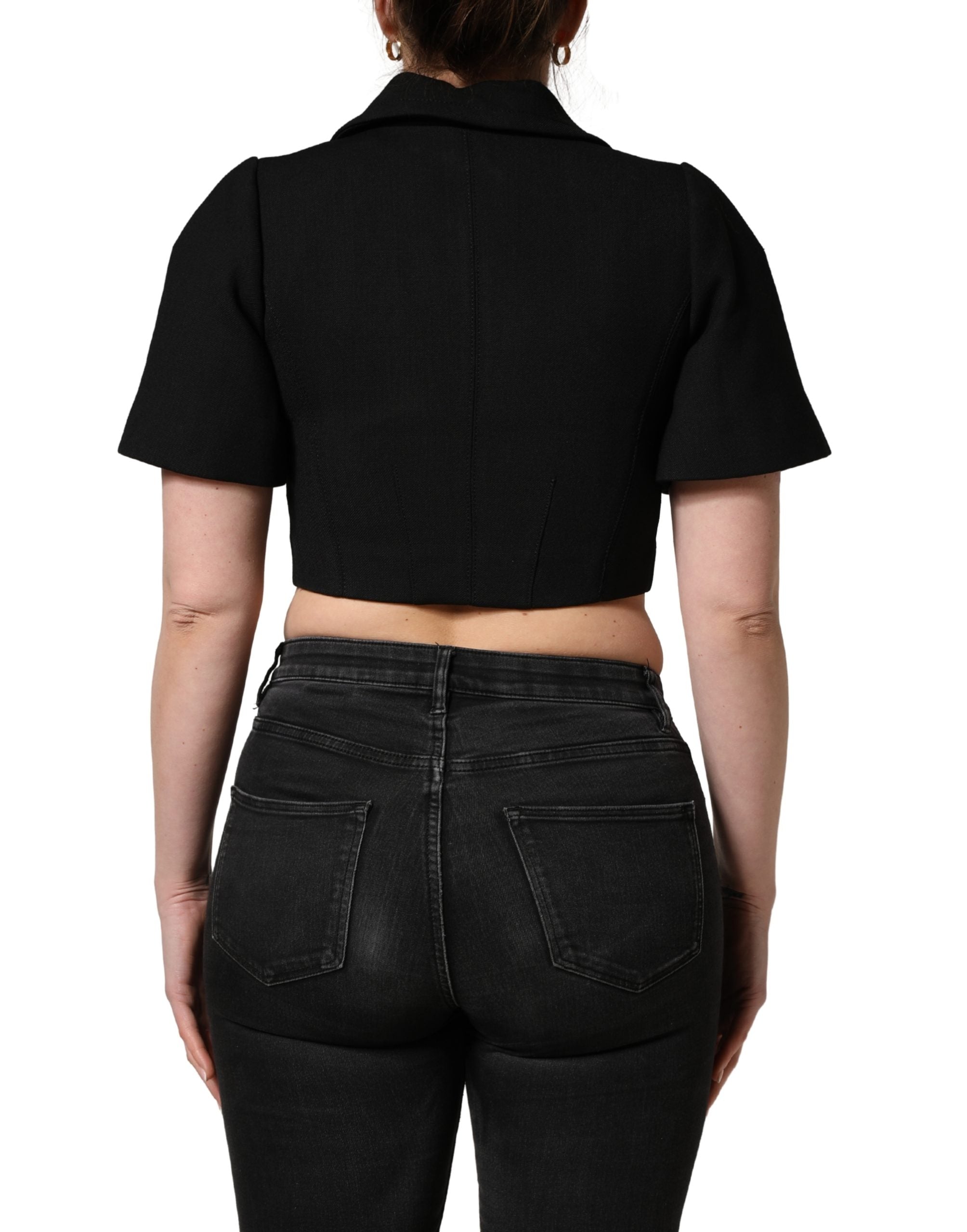 Black Collared Short Sleeves Cropped Blouse Top - ventzia