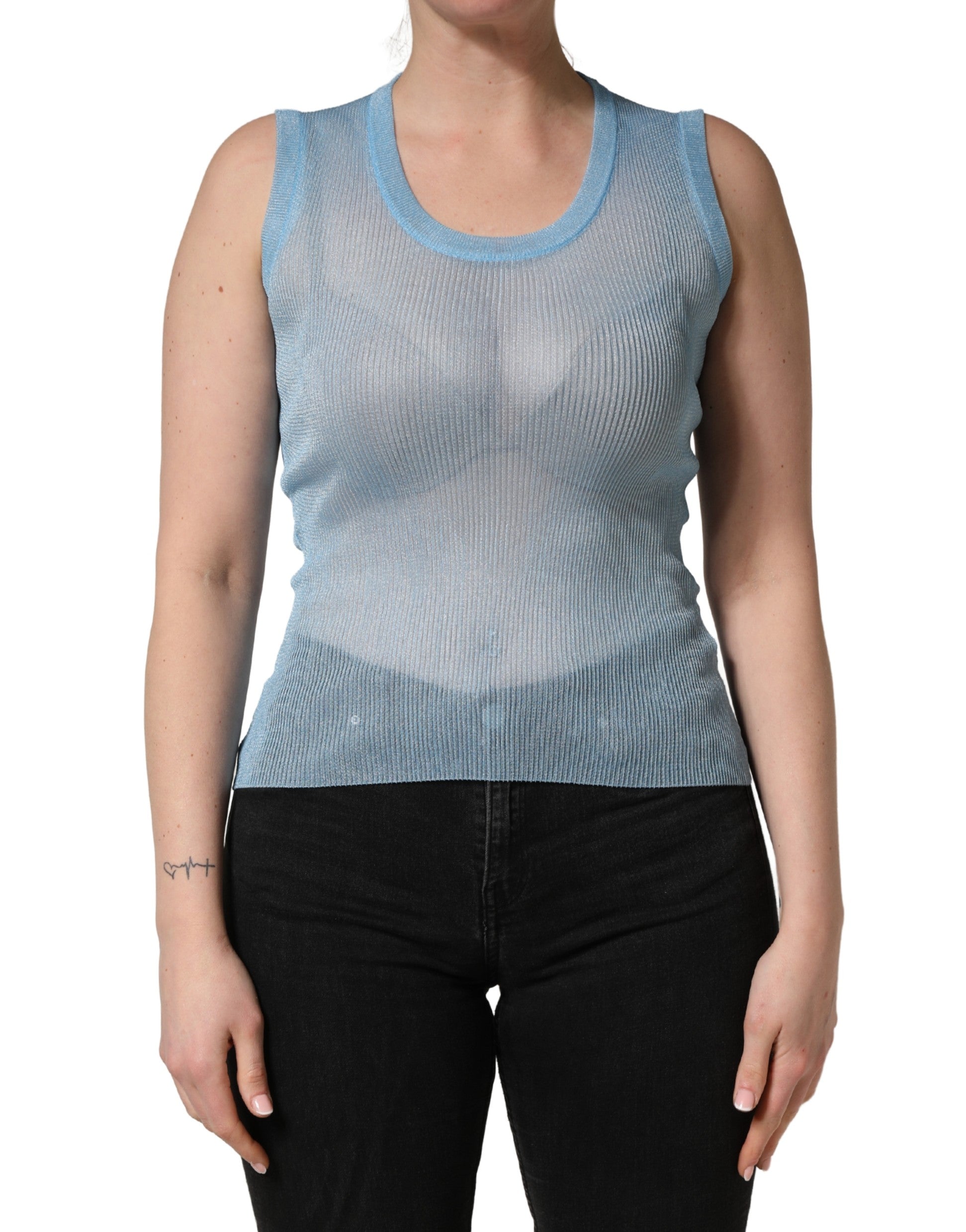 Blue Semi Sheer Ribbed Sleeveless Tank Top - ventzia