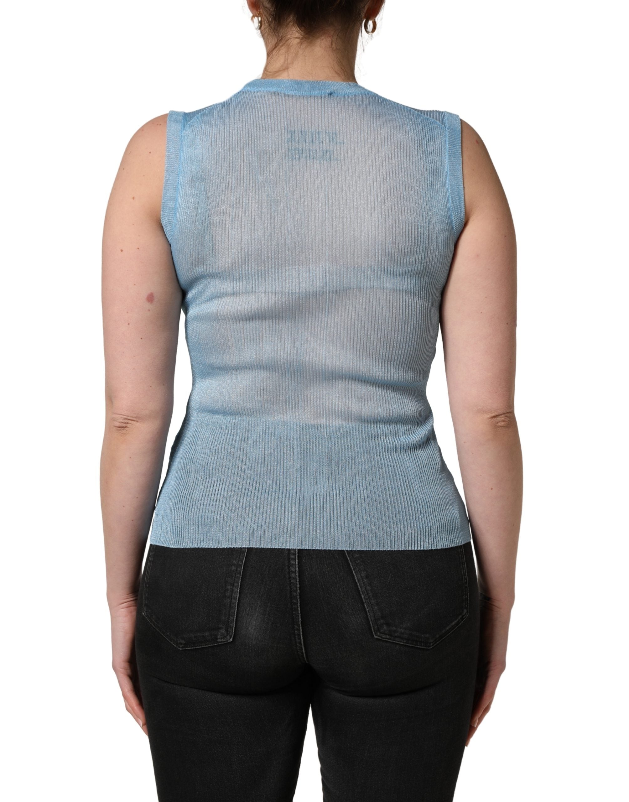 Blue Semi Sheer Ribbed Sleeveless Tank Top - ventzia