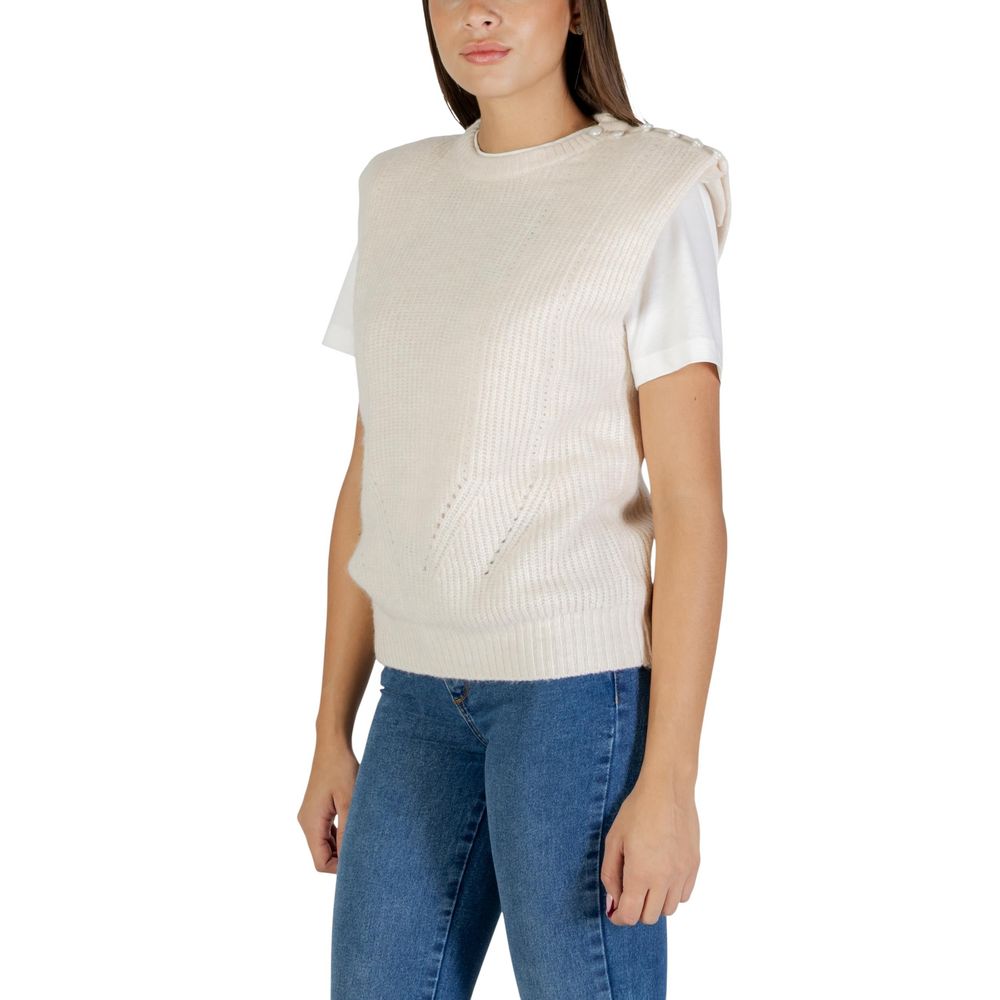 Cream Polyester Sleeveles Sweater - ventzia