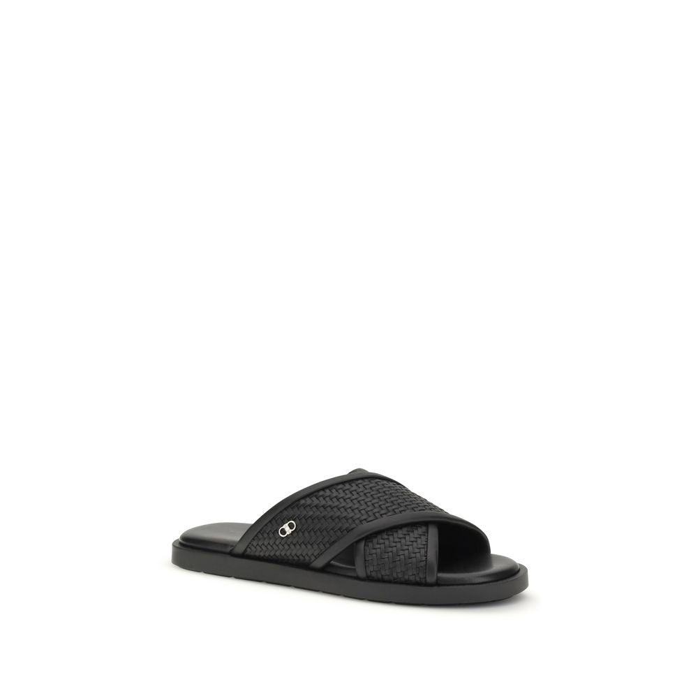 Black Calf Leather Bos Taurus Flat Sandals - ventzia