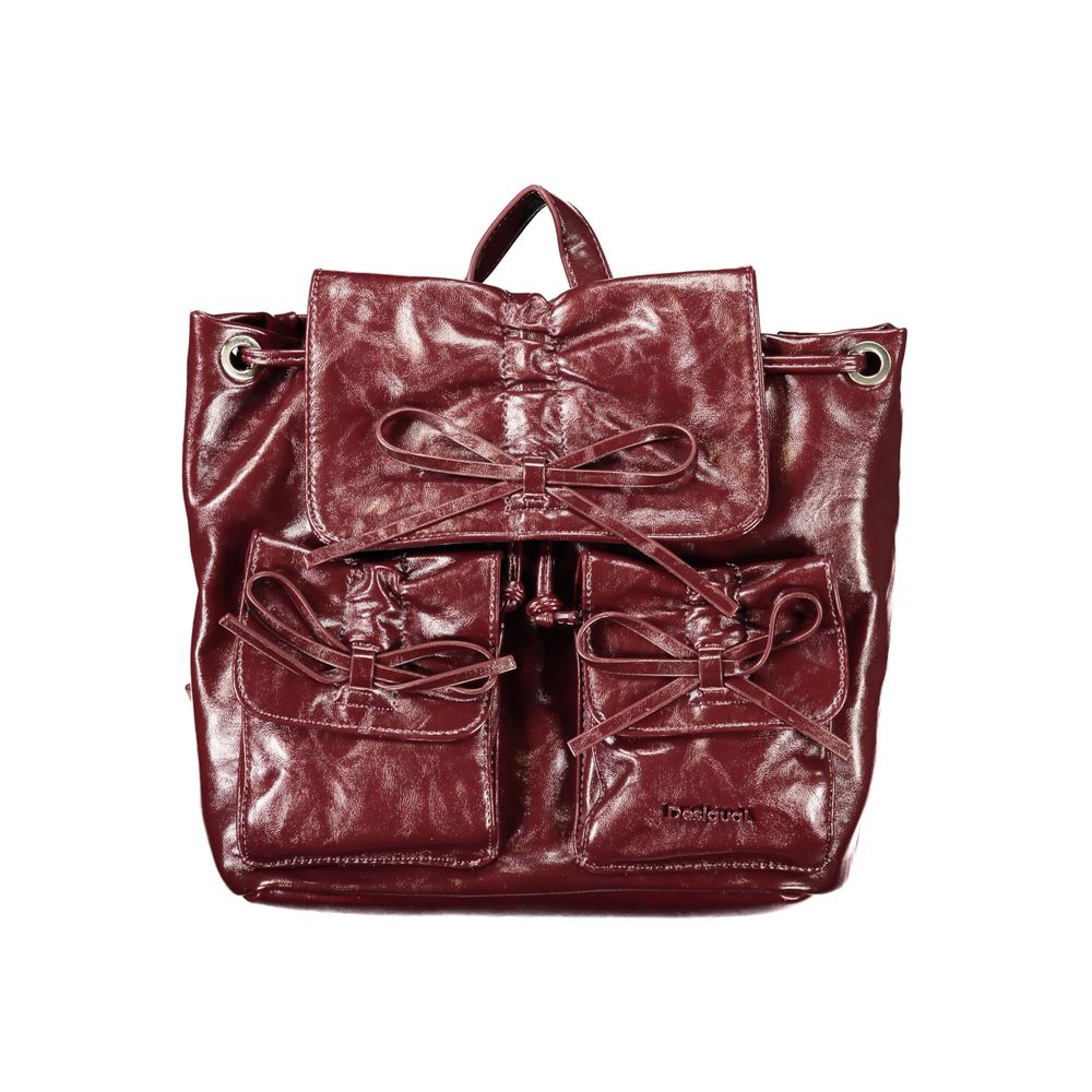 Burgundy Polyurethane Women Backpack - ventzia