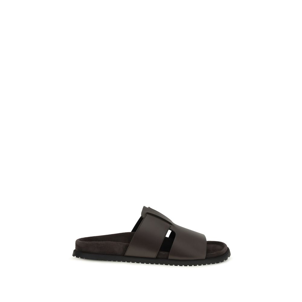 Brown Calf Leather Bos Taurus Flat Sandals - ventzia