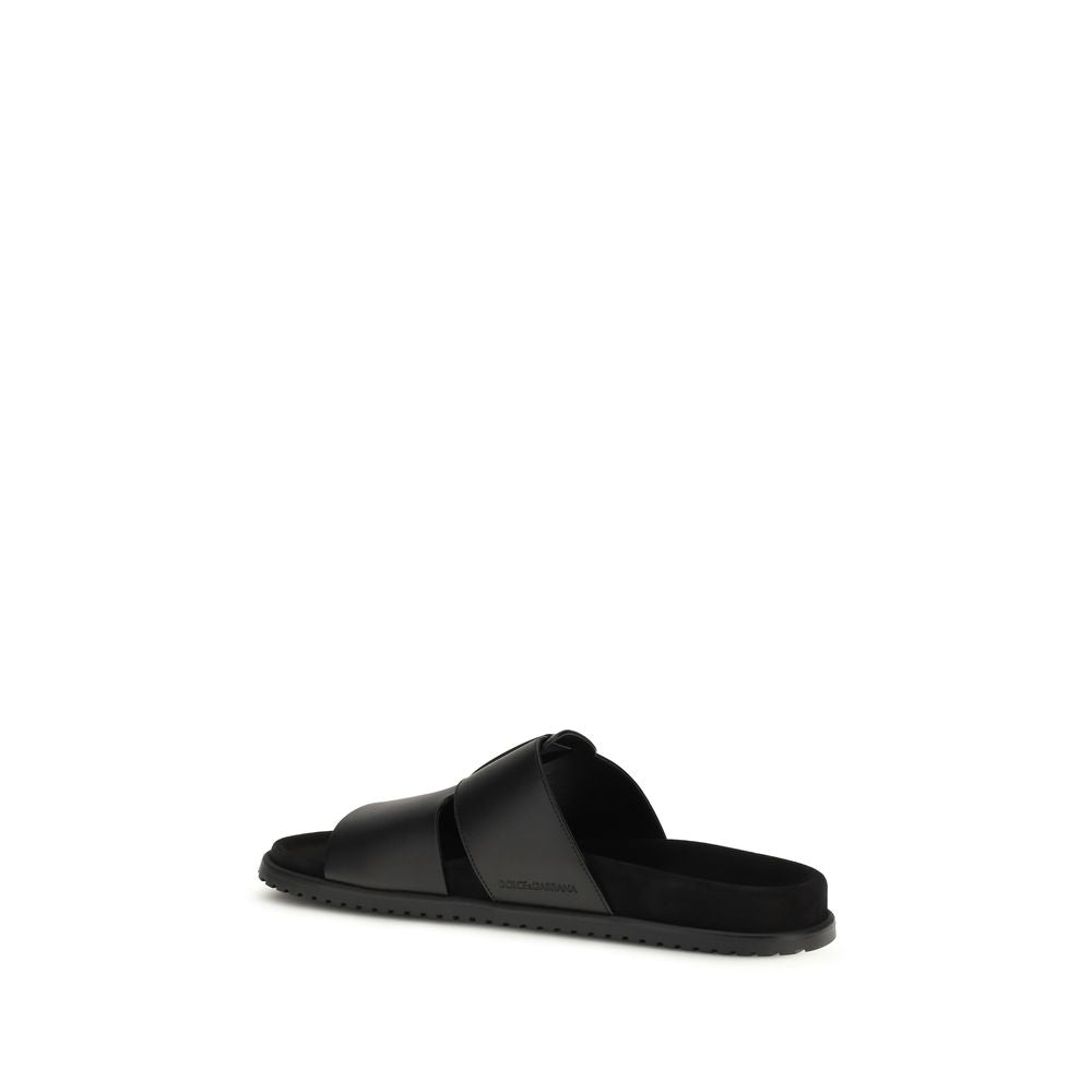 Black Calf Leather Bos Taurus Flat Sandals - ventzia