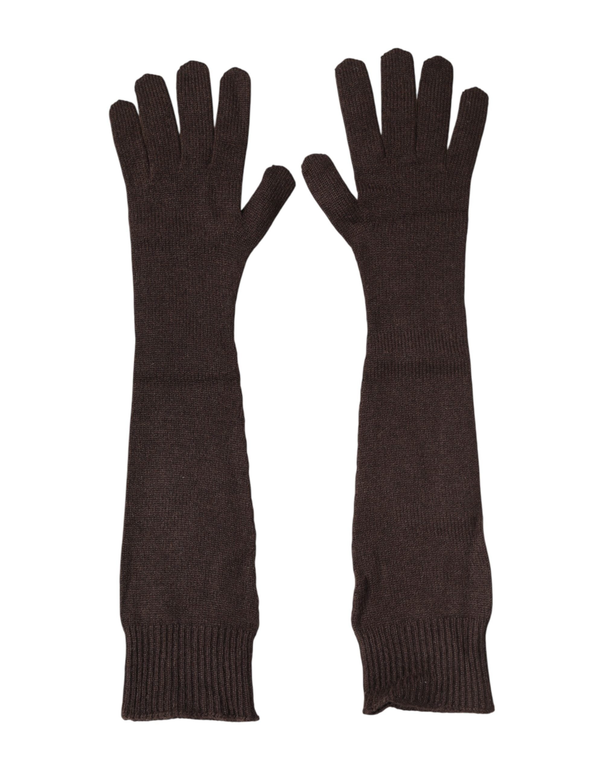 Brown Cashmere Knitted Elbow Length Mitten Gloves - ventzia