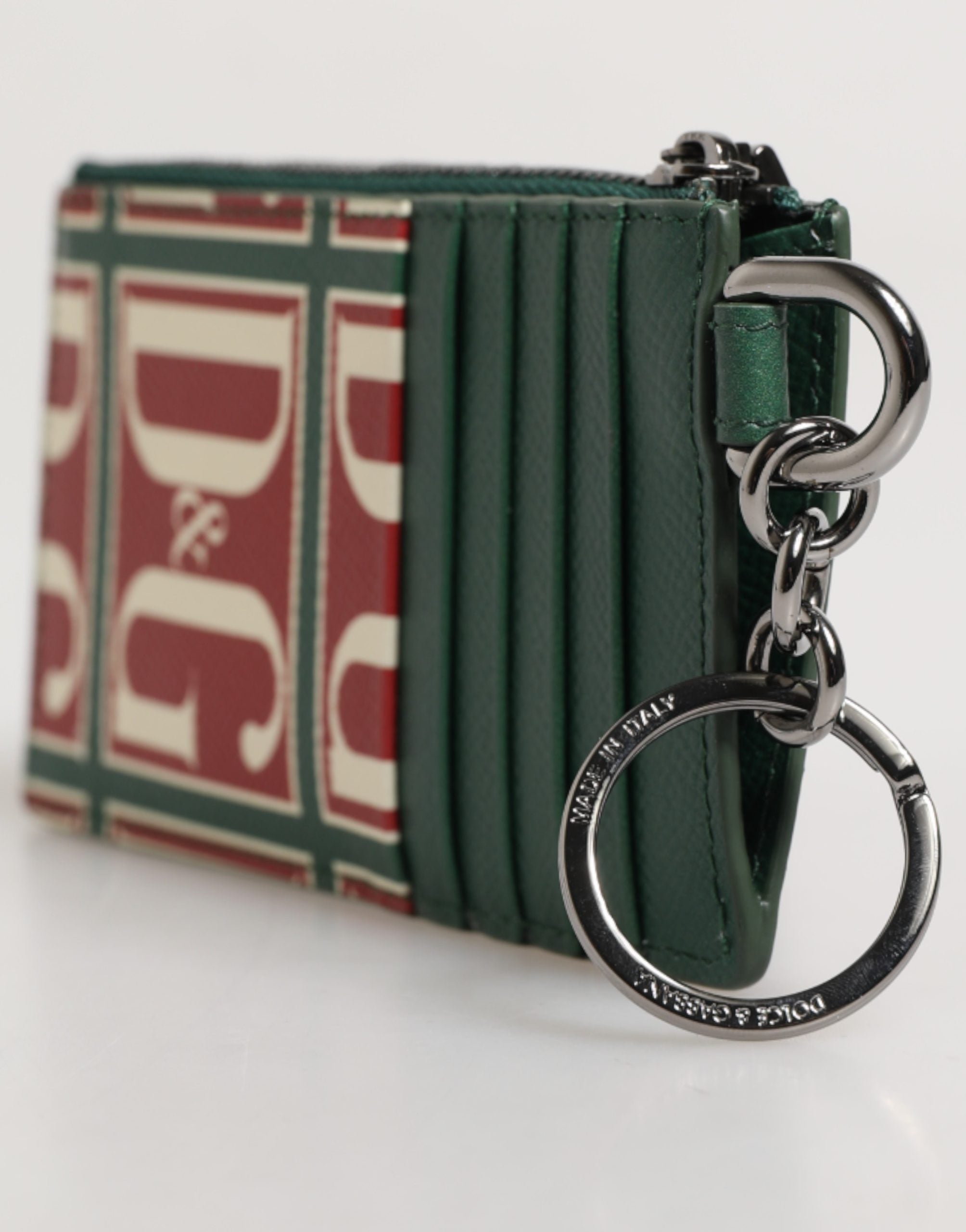 Green Calf Leather Logo Print Monogram Card Holder Wallet - ventzia