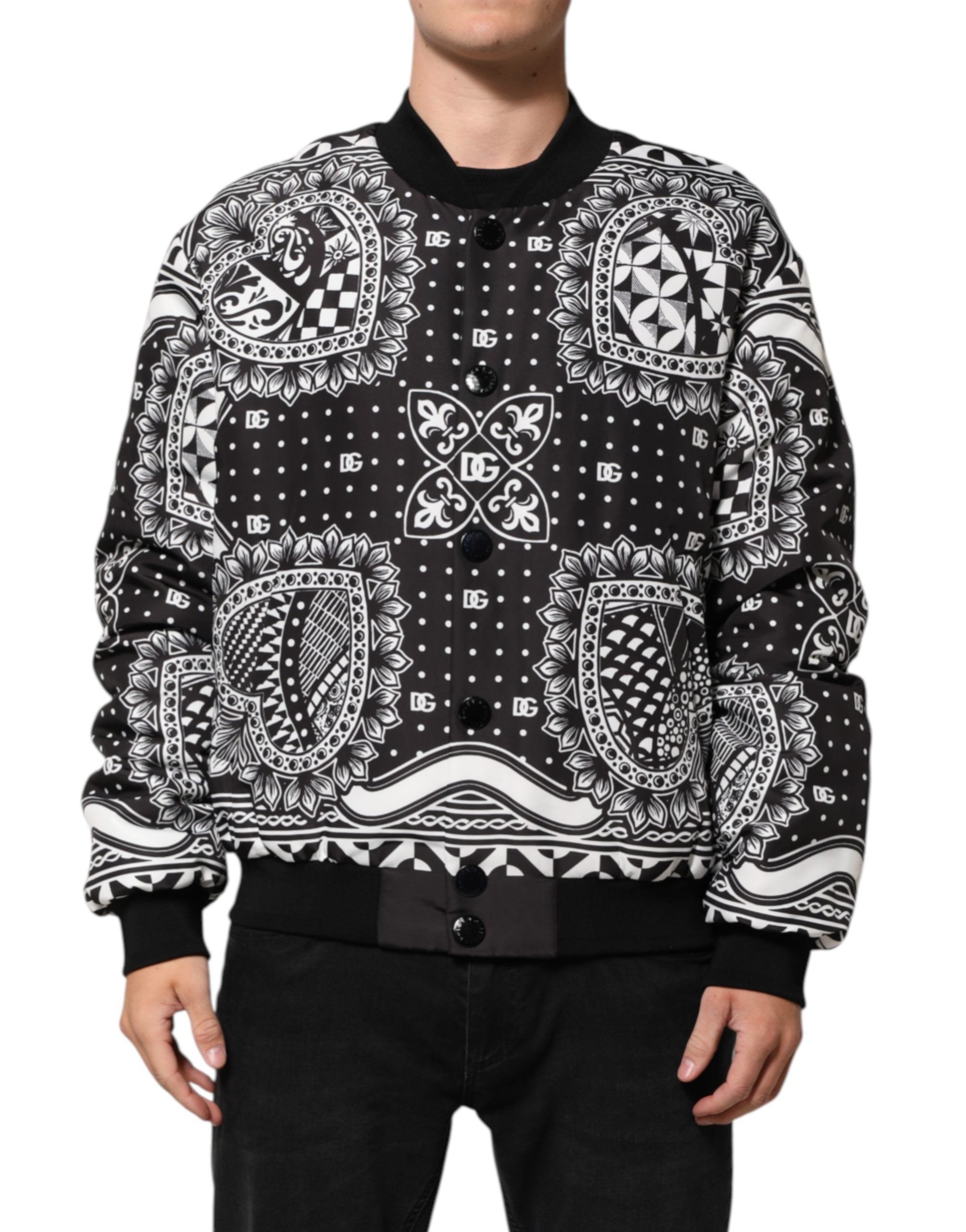 Black White BandanaPrint Men Bomber  Jacket - ventzia