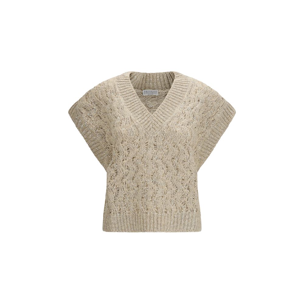 Beige Silk Sleeveles Sweater - ventzia