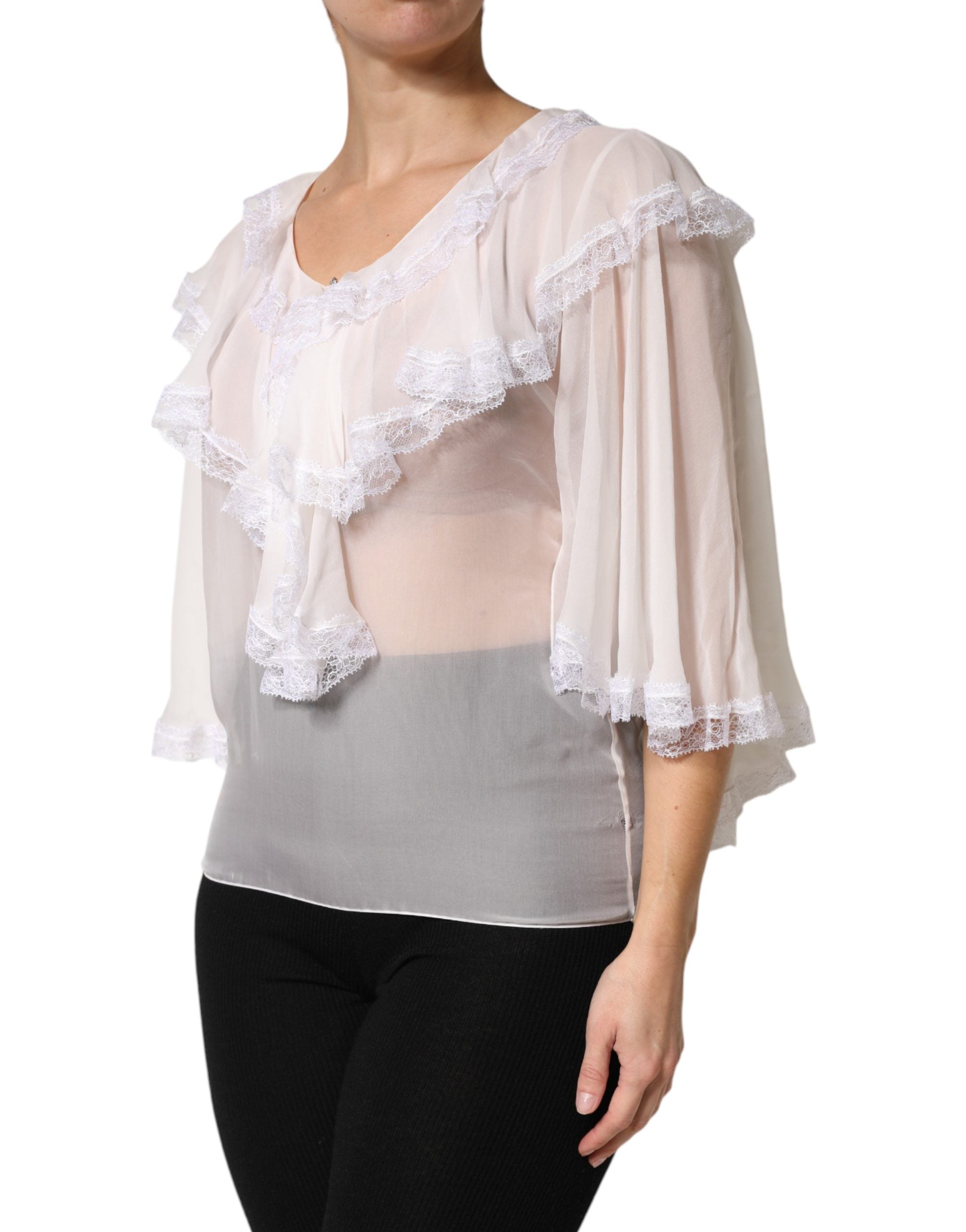 White LongSleeve Lace Trim Ruffled Blouse Top - ventzia