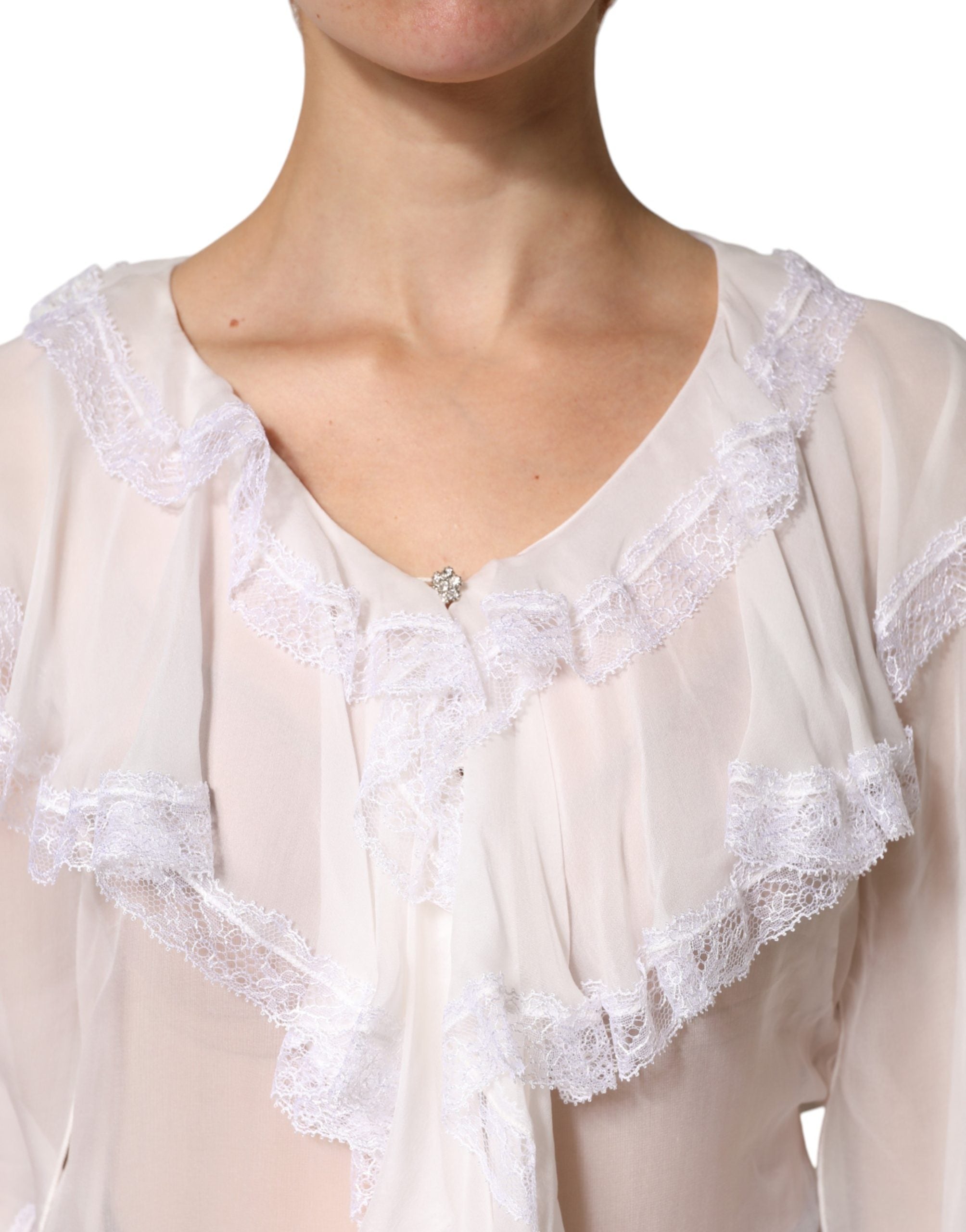 White LongSleeve Lace Trim Ruffled Blouse Top - ventzia
