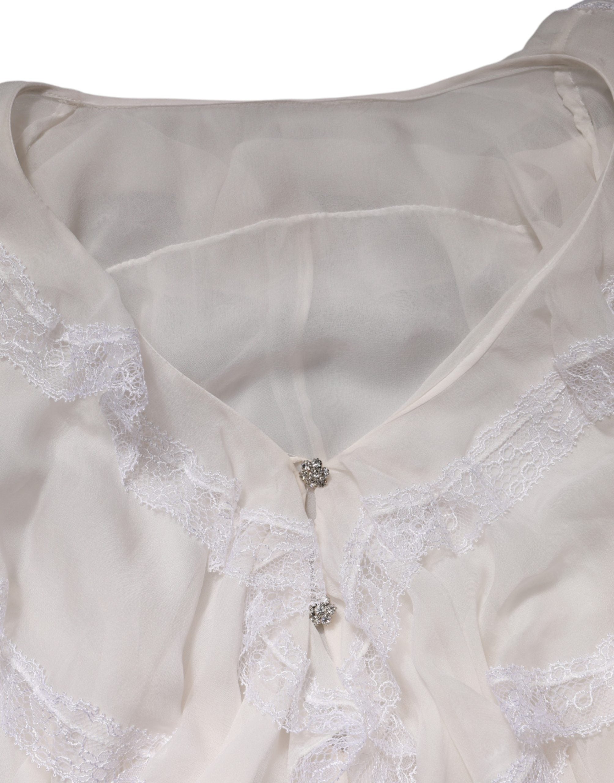 White LongSleeve Lace Trim Ruffled Blouse Top - ventzia