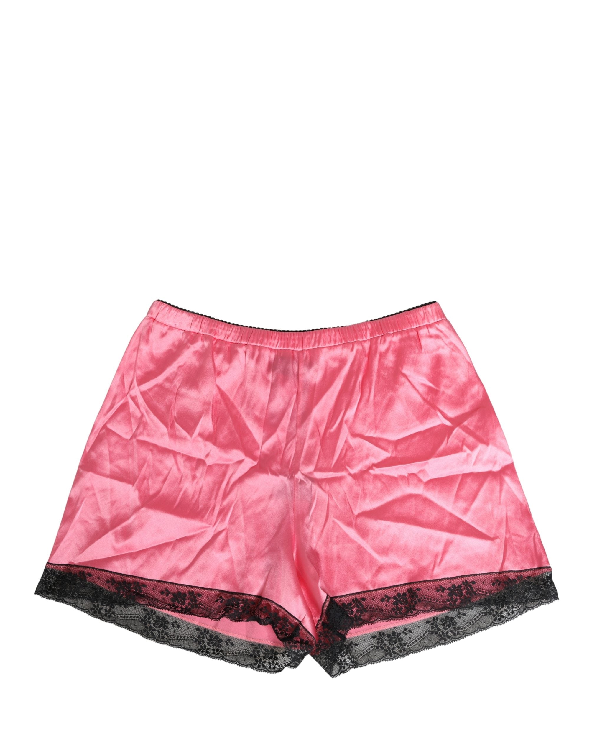 Pink Silk Satin Lace Trim Pajama Shorts Sleepwear - ventzia