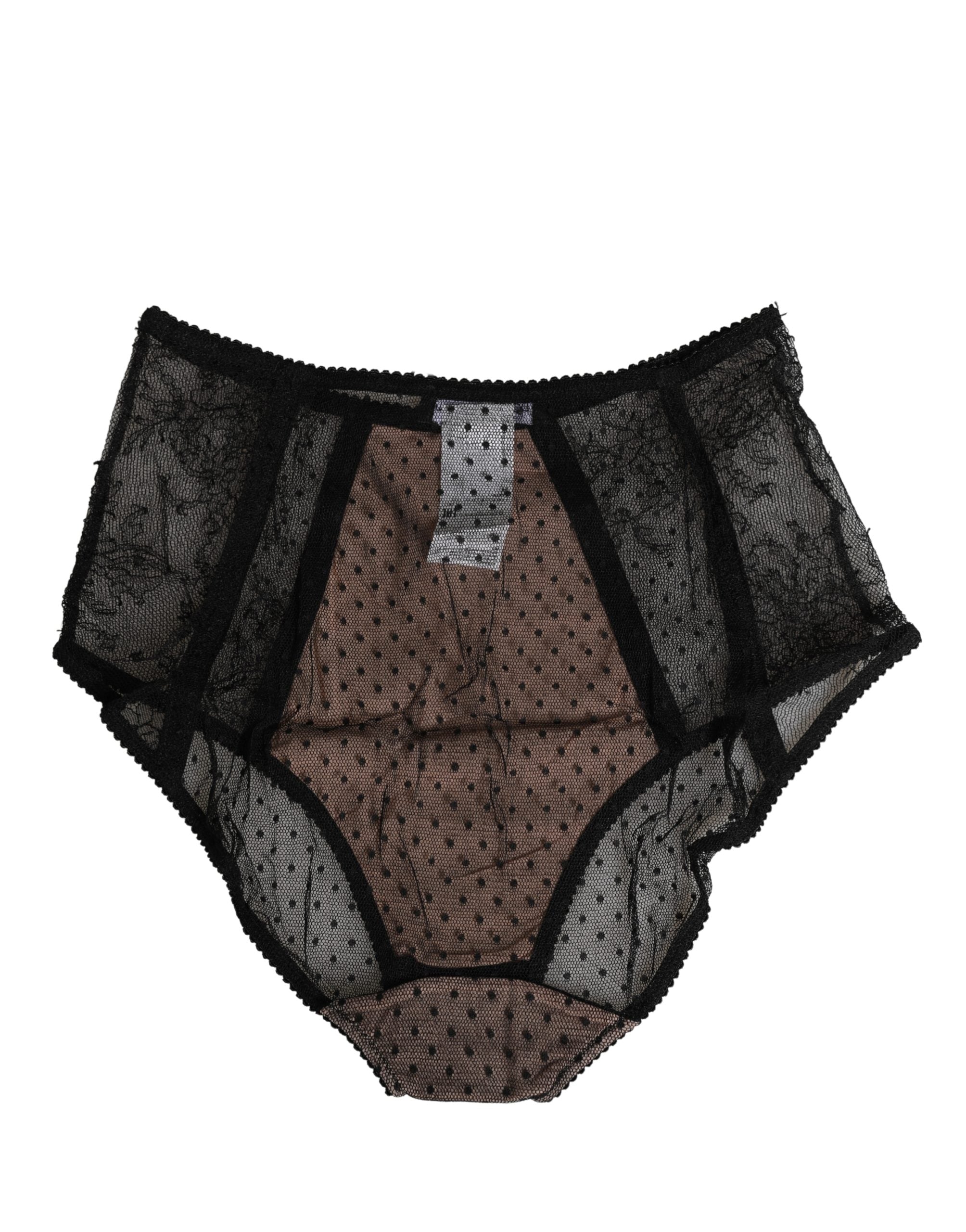 Black Sheer Polka Dot Lace High Waist Brief Underwear - ventzia