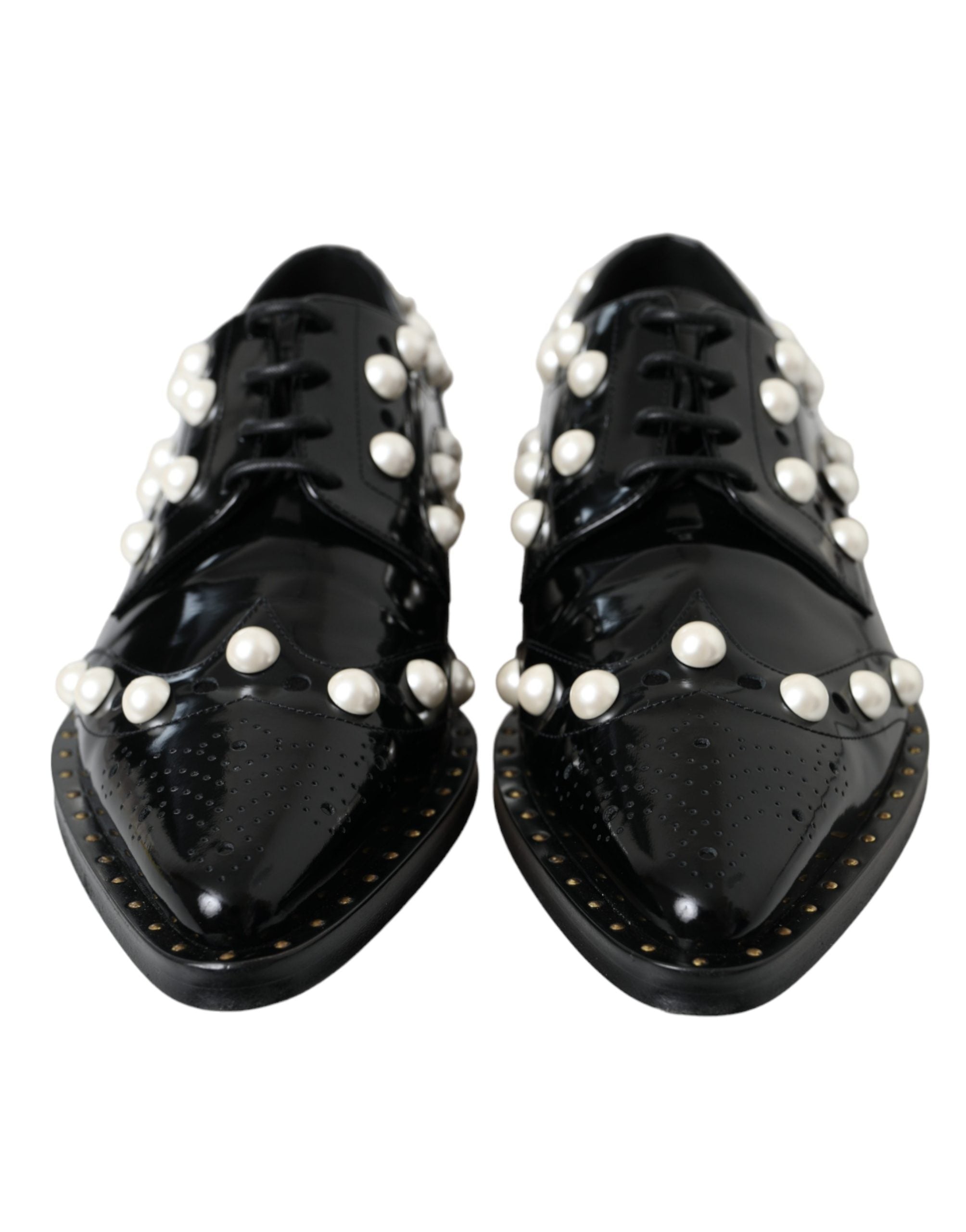 Black Leather Faux Pearl Dress Brogue Shoes - ventzia