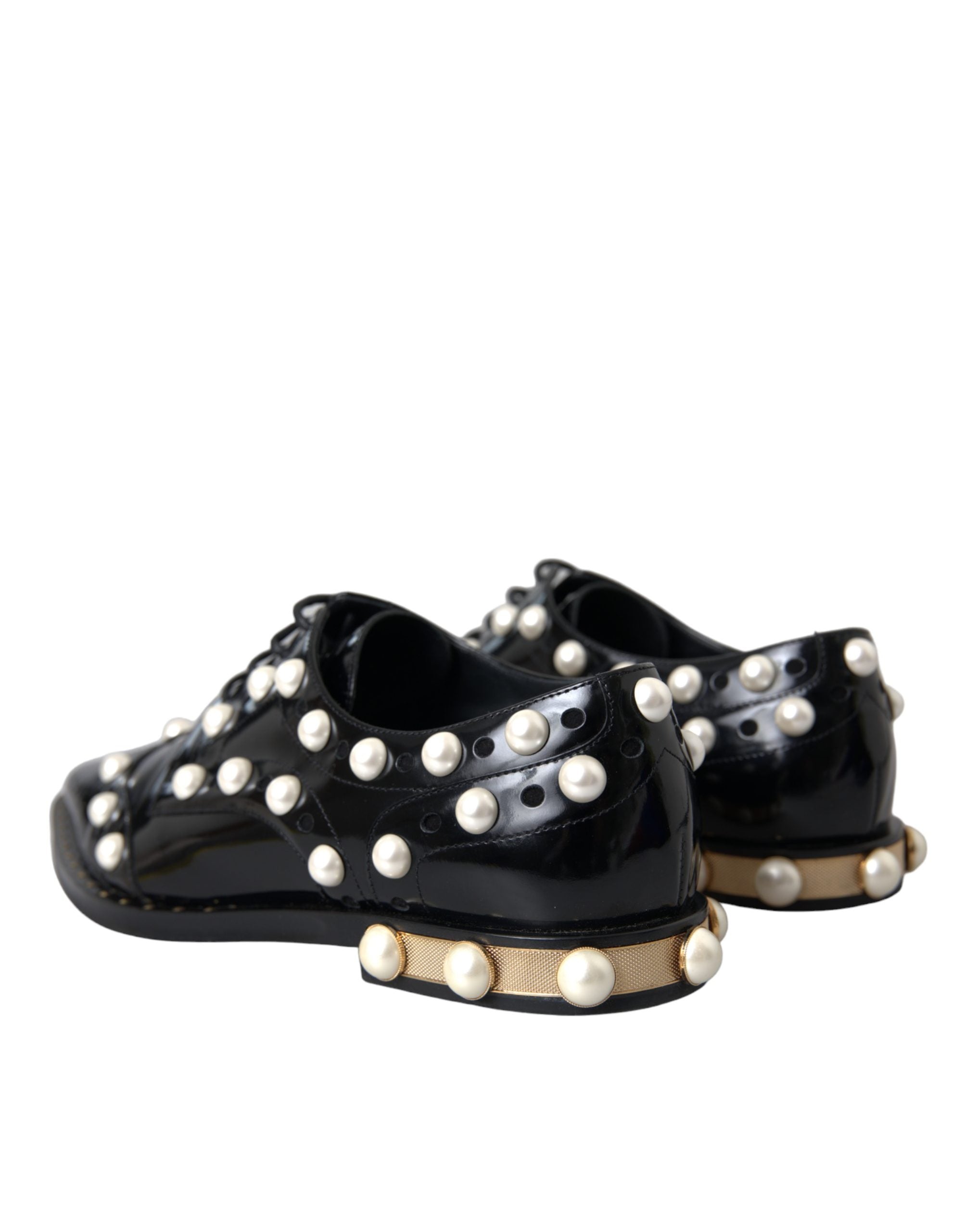 Black Leather Faux Pearl Dress Brogue Shoes - ventzia