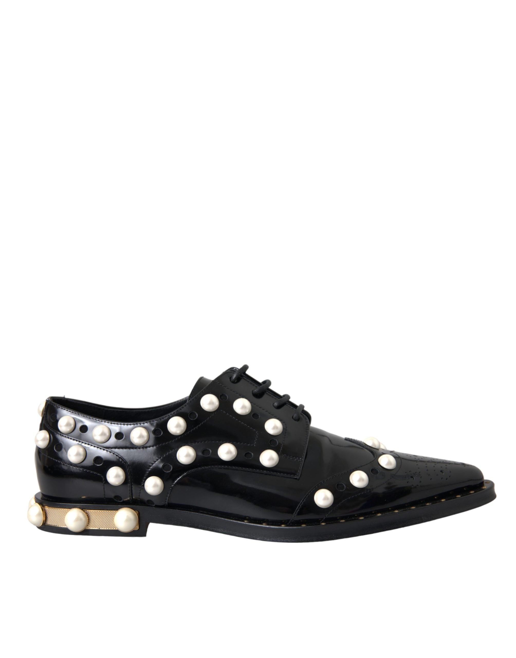 Black Leather Faux Pearl Dress Brogue Shoes - ventzia