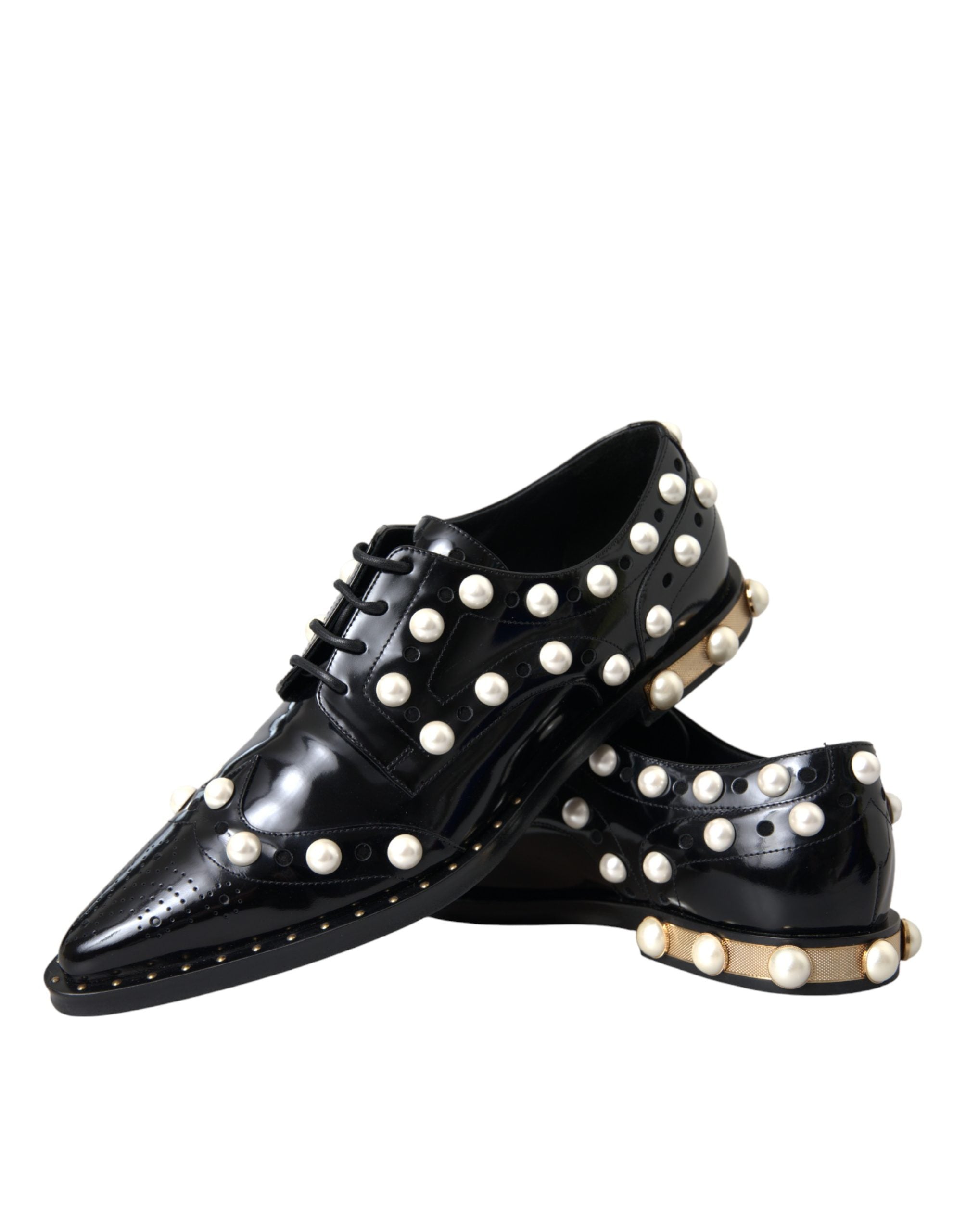 Black Leather Faux Pearl Dress Brogue Shoes - ventzia