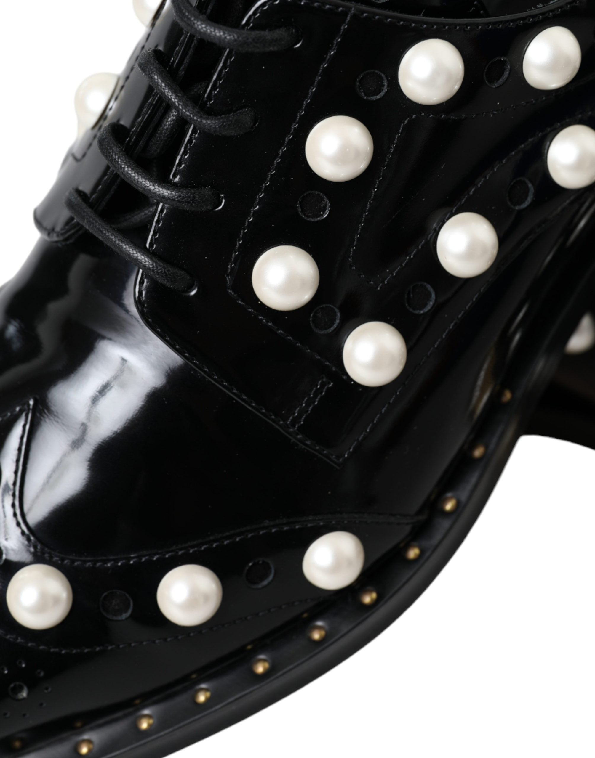 Black Leather Faux Pearl Dress Brogue Shoes - ventzia