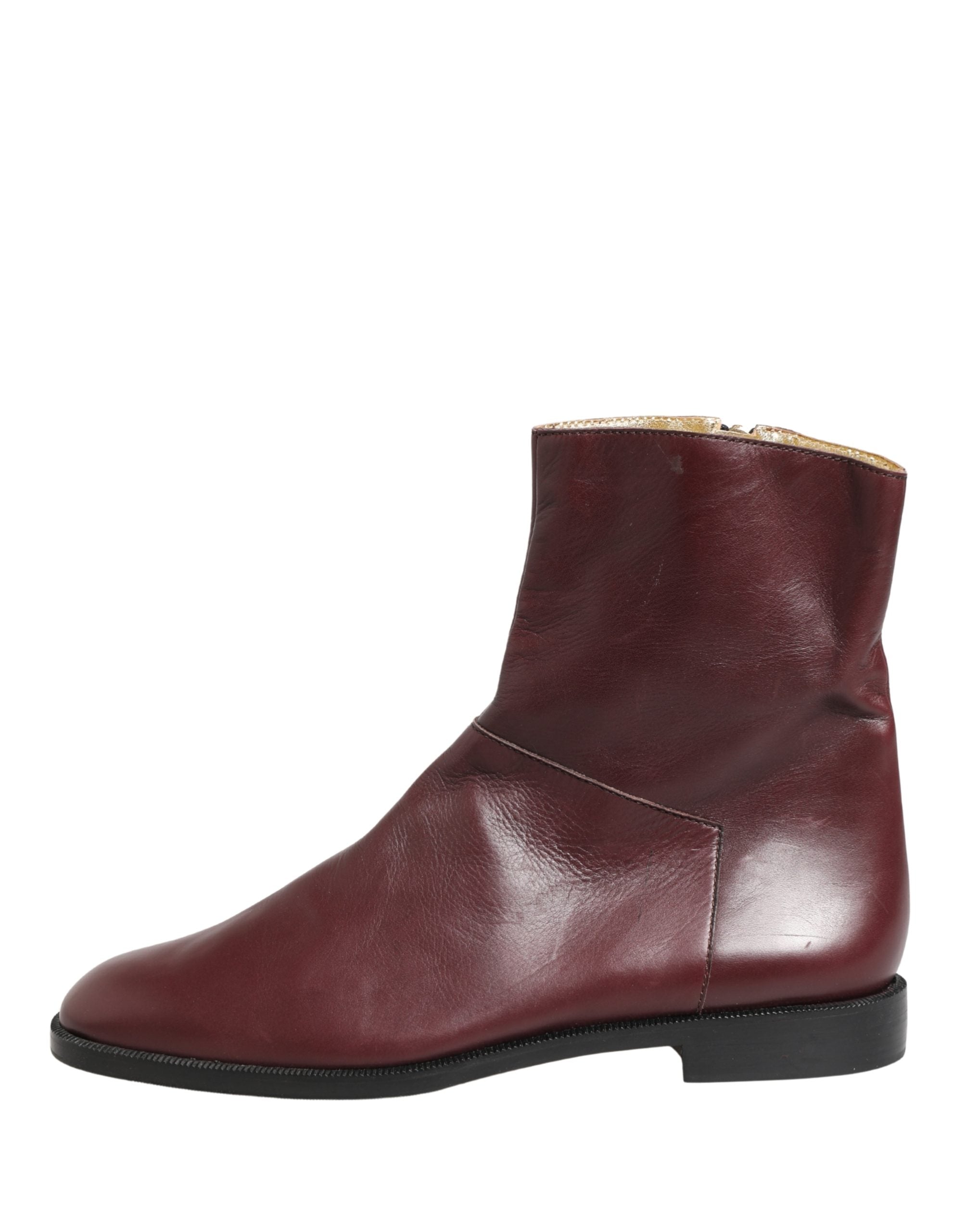 Maroon Leather Flats Biker Ankle Boots Shoes - ventzia