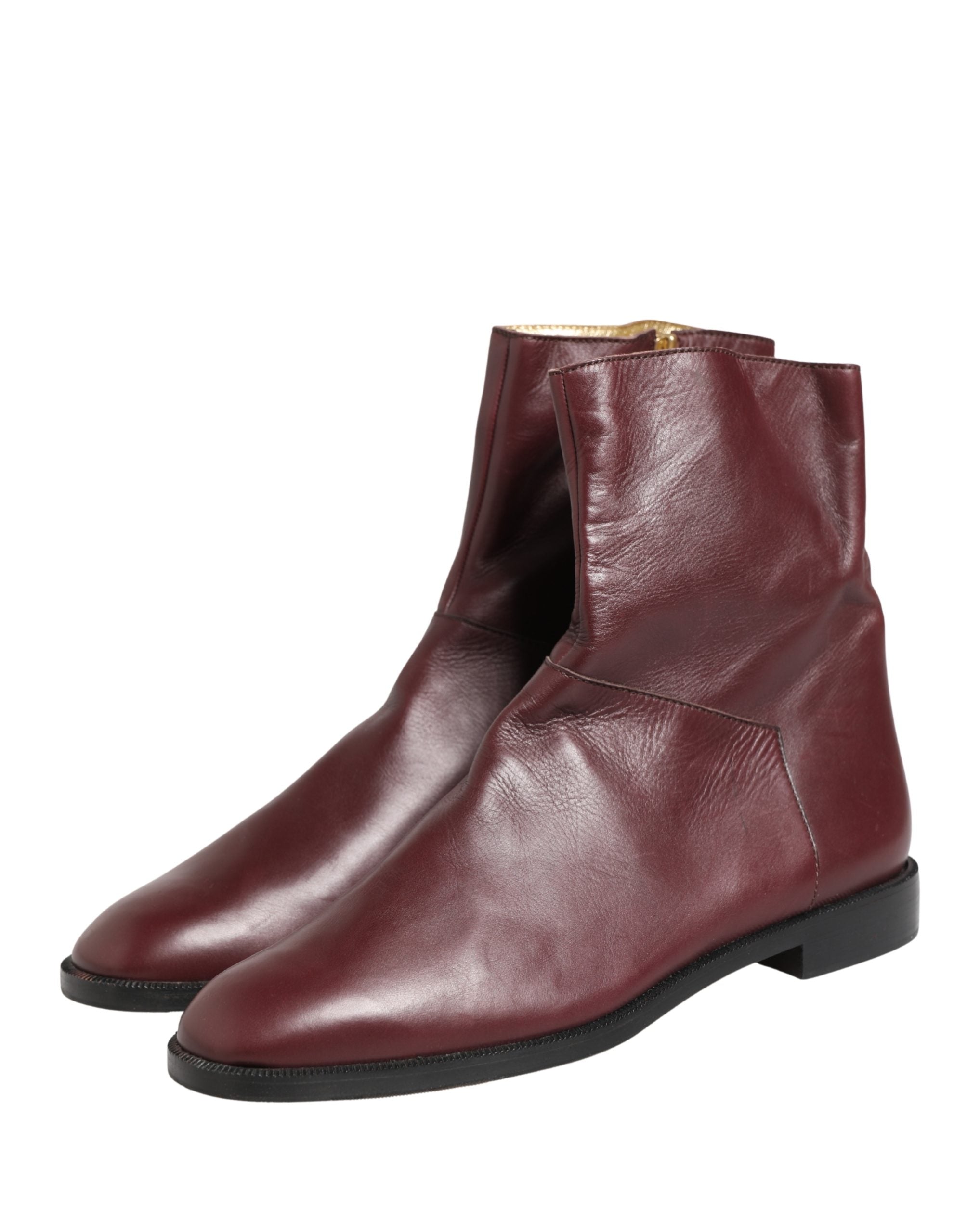 Maroon Leather Flats Biker Ankle Boots Shoes - ventzia