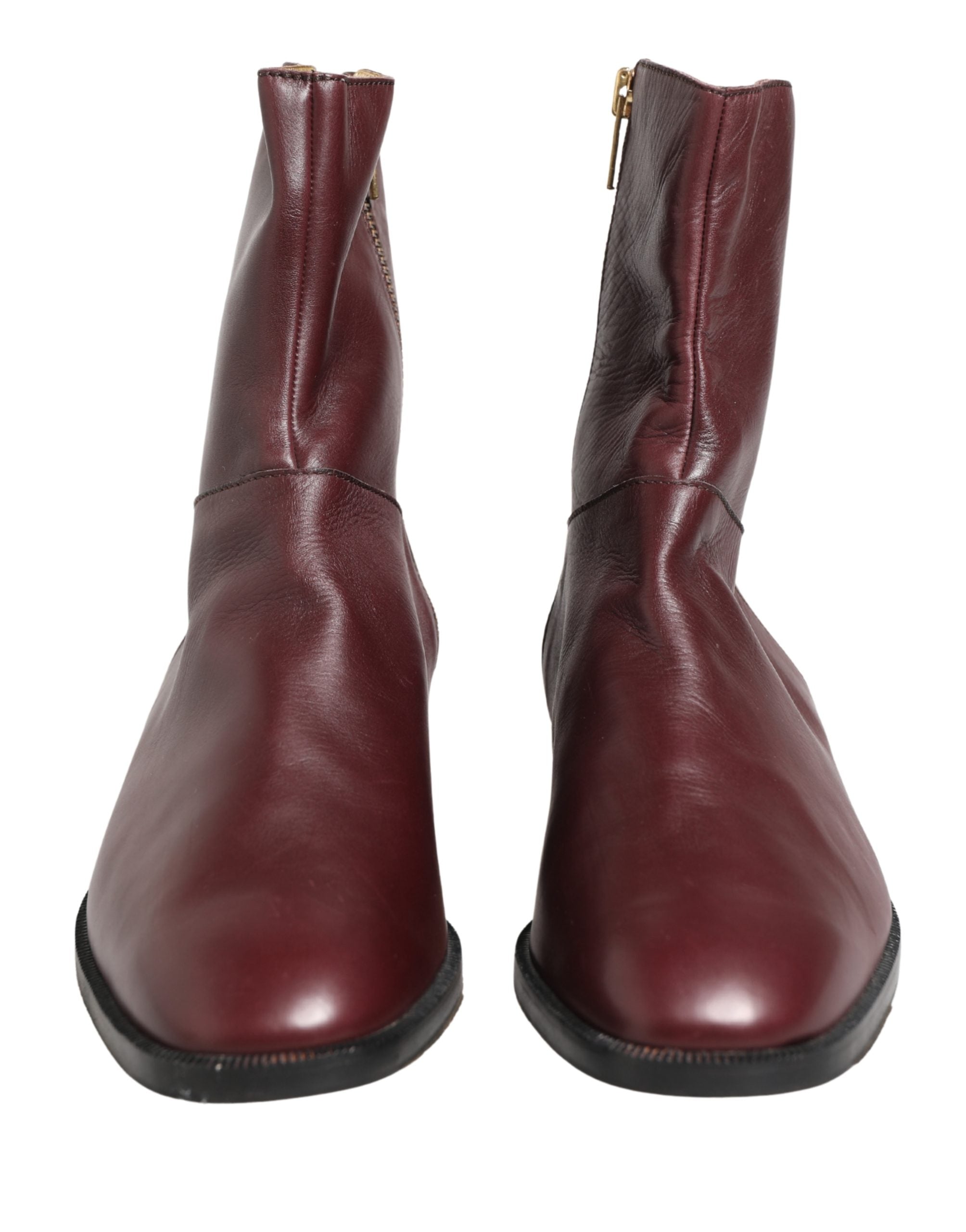 Maroon Leather Flats Biker Ankle Boots Shoes - ventzia