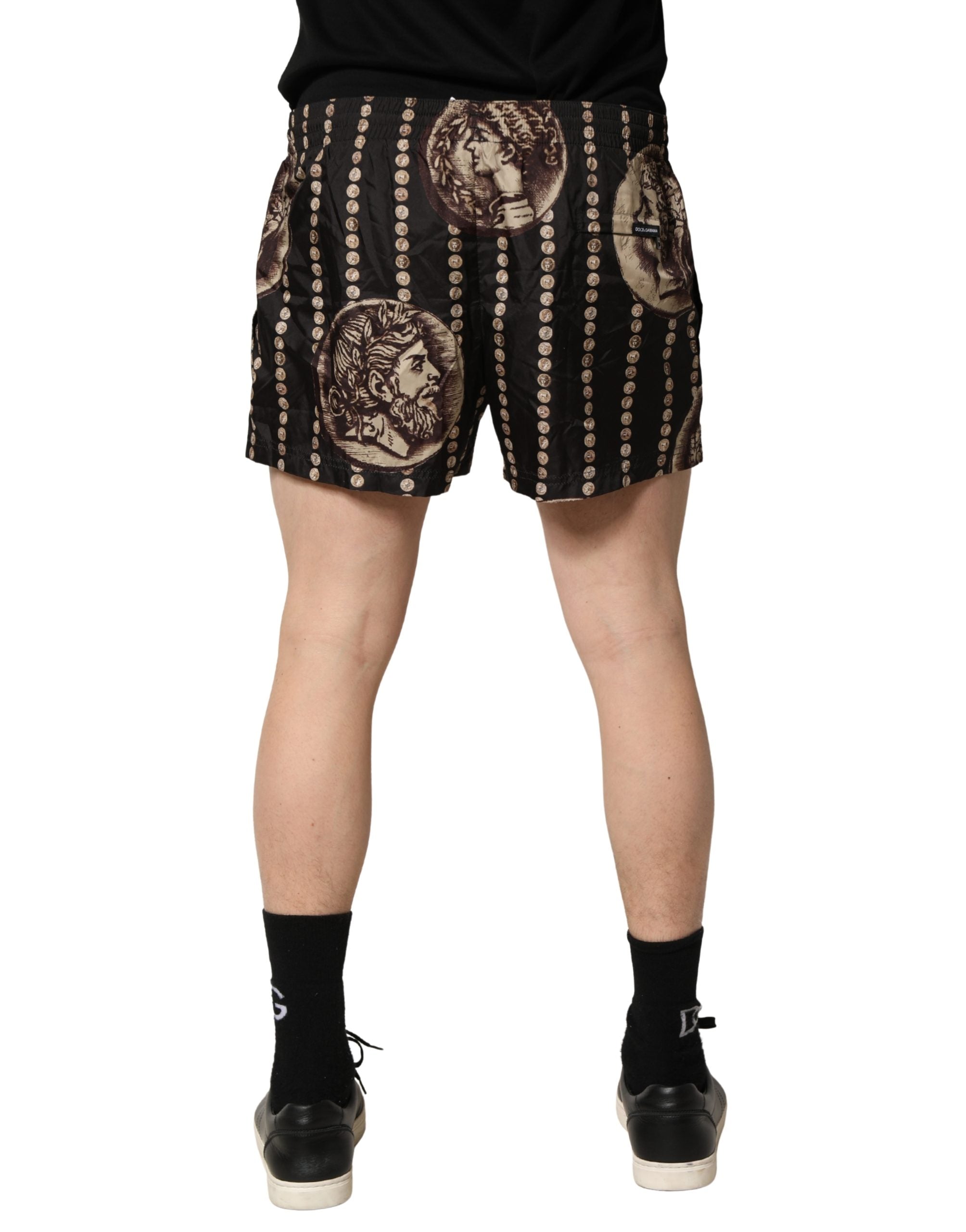 Black Roman Coin Print Swim Shorts Swimwear - ventzia
