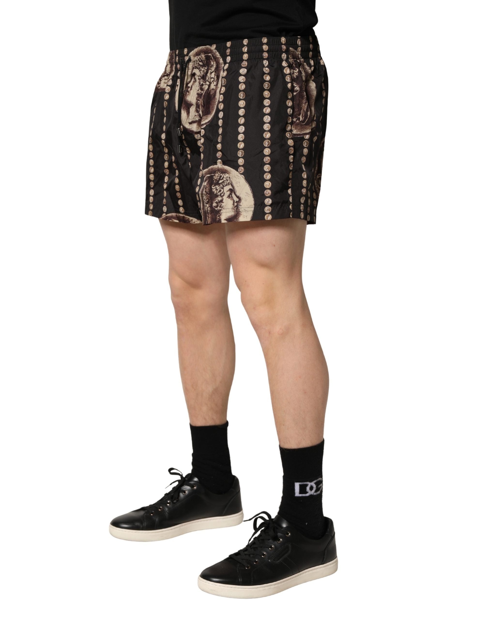 Black Roman Coin Print Swim Shorts Swimwear - ventzia