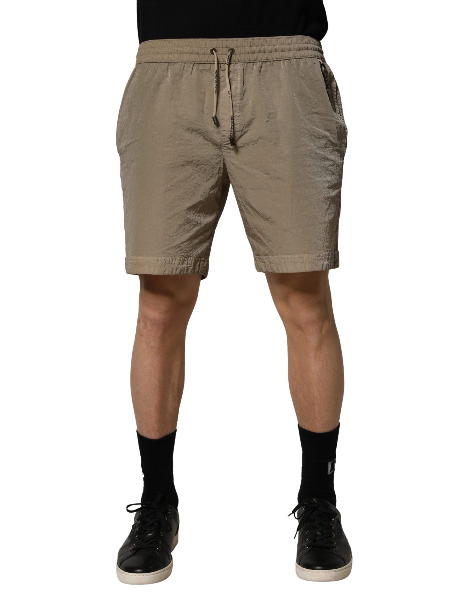 Brown Nylon Drawstring Swim Shorts Swimwear - ventzia