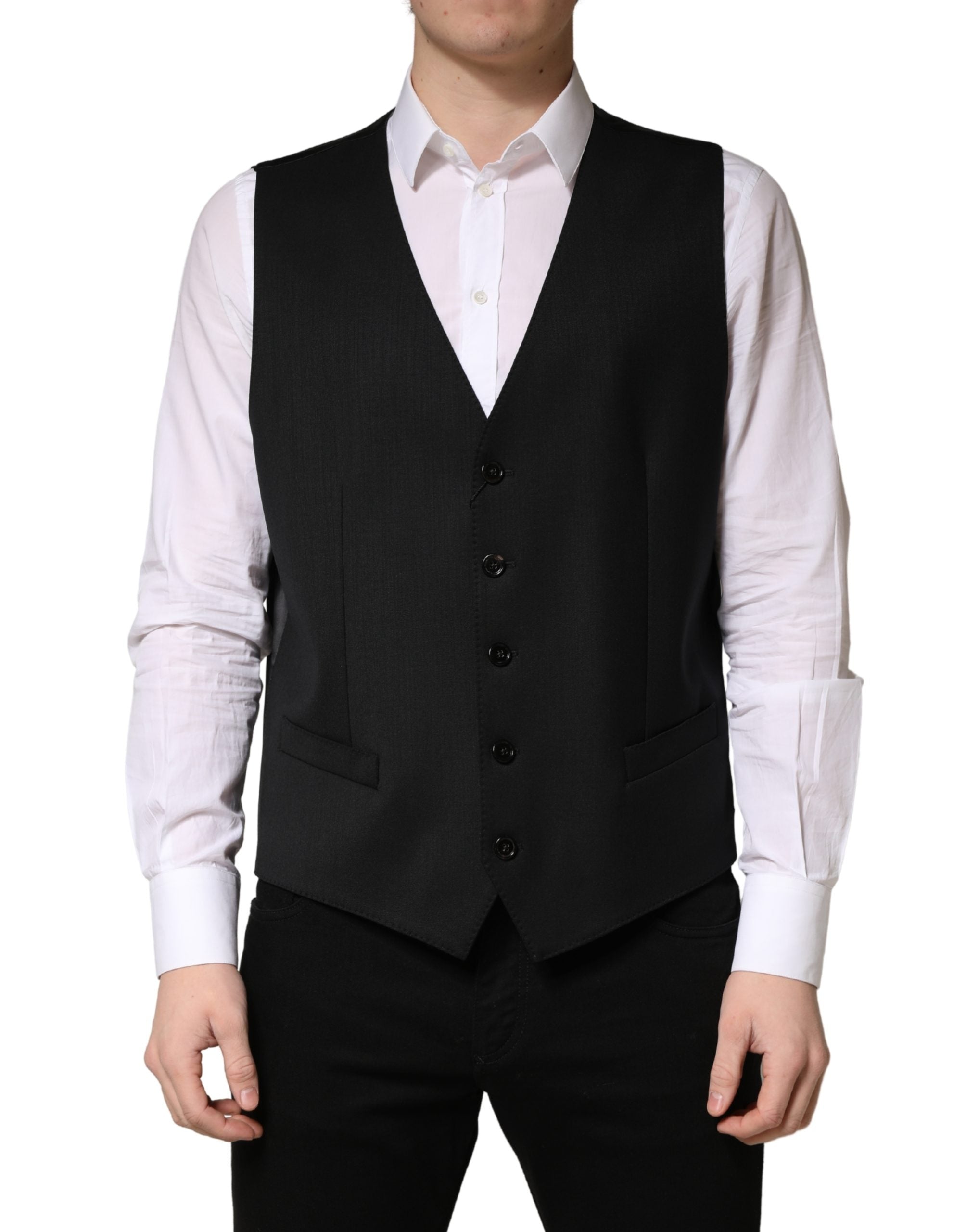 Black Wool Single Breasted Men Waistcoat Vest - ventzia