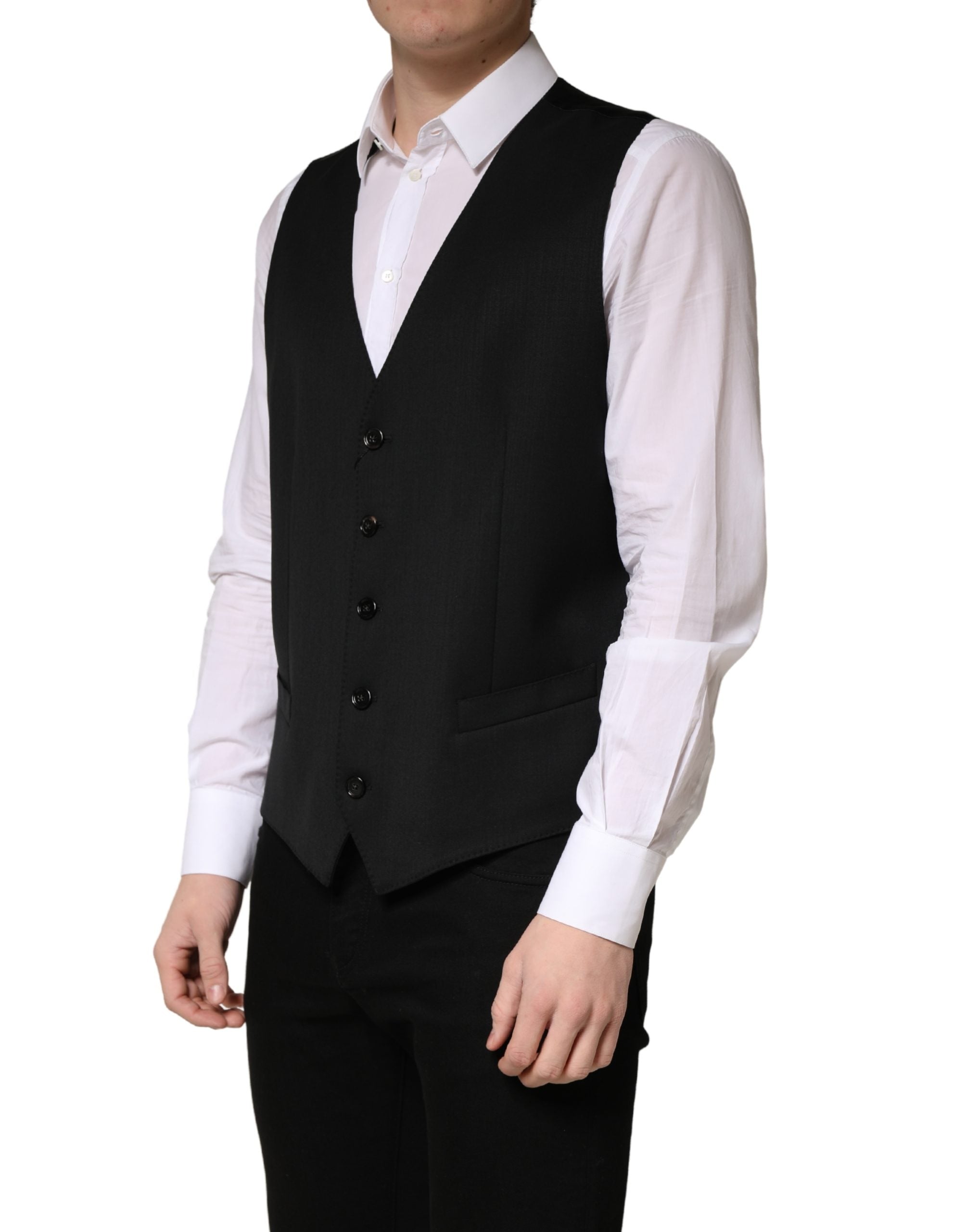 Black Wool Single Breasted Men Waistcoat Vest - ventzia