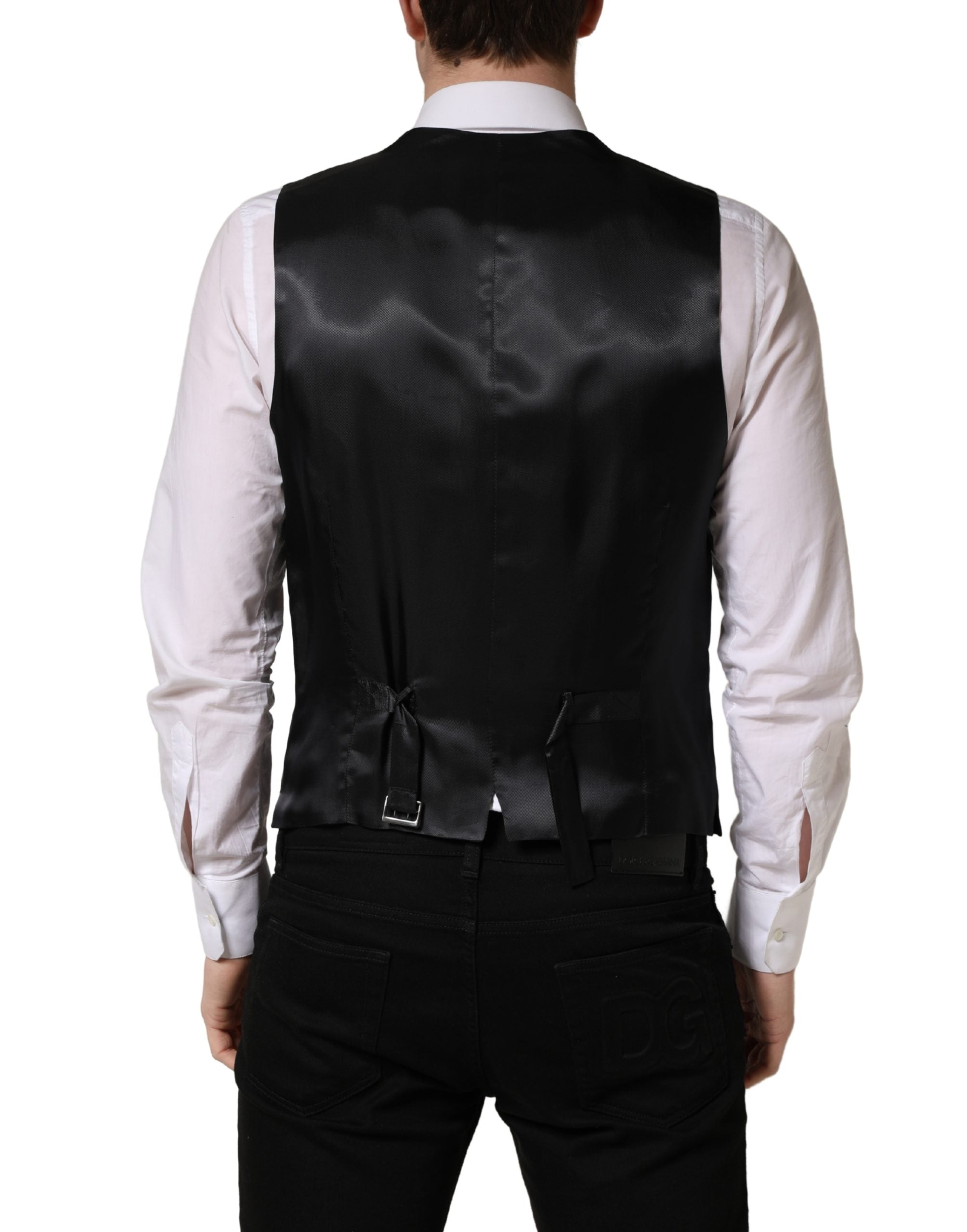 Black Wool Single Breasted Waistcoat Vest - ventzia