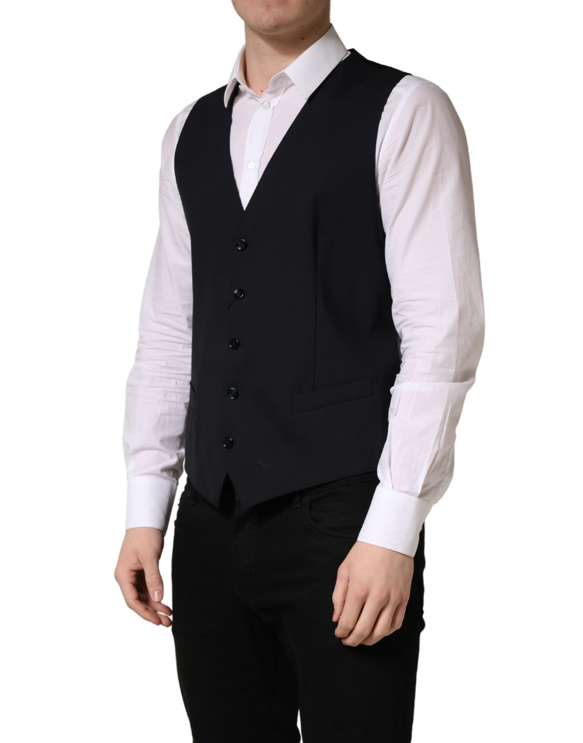 Black Wool Single Breasted Waistcoat Vest - ventzia