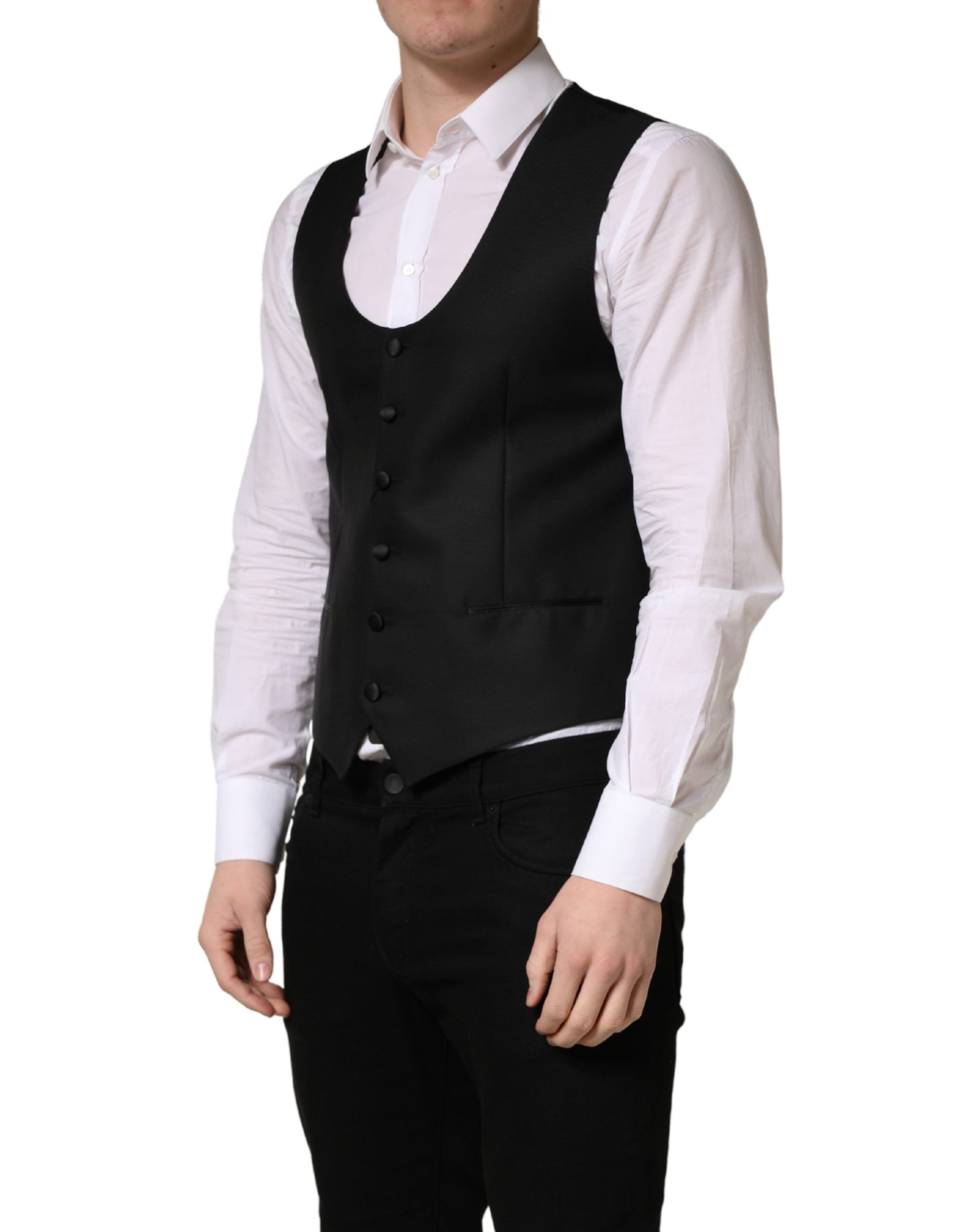 Black Wool Single Breasted Waistcoat Vest - ventzia