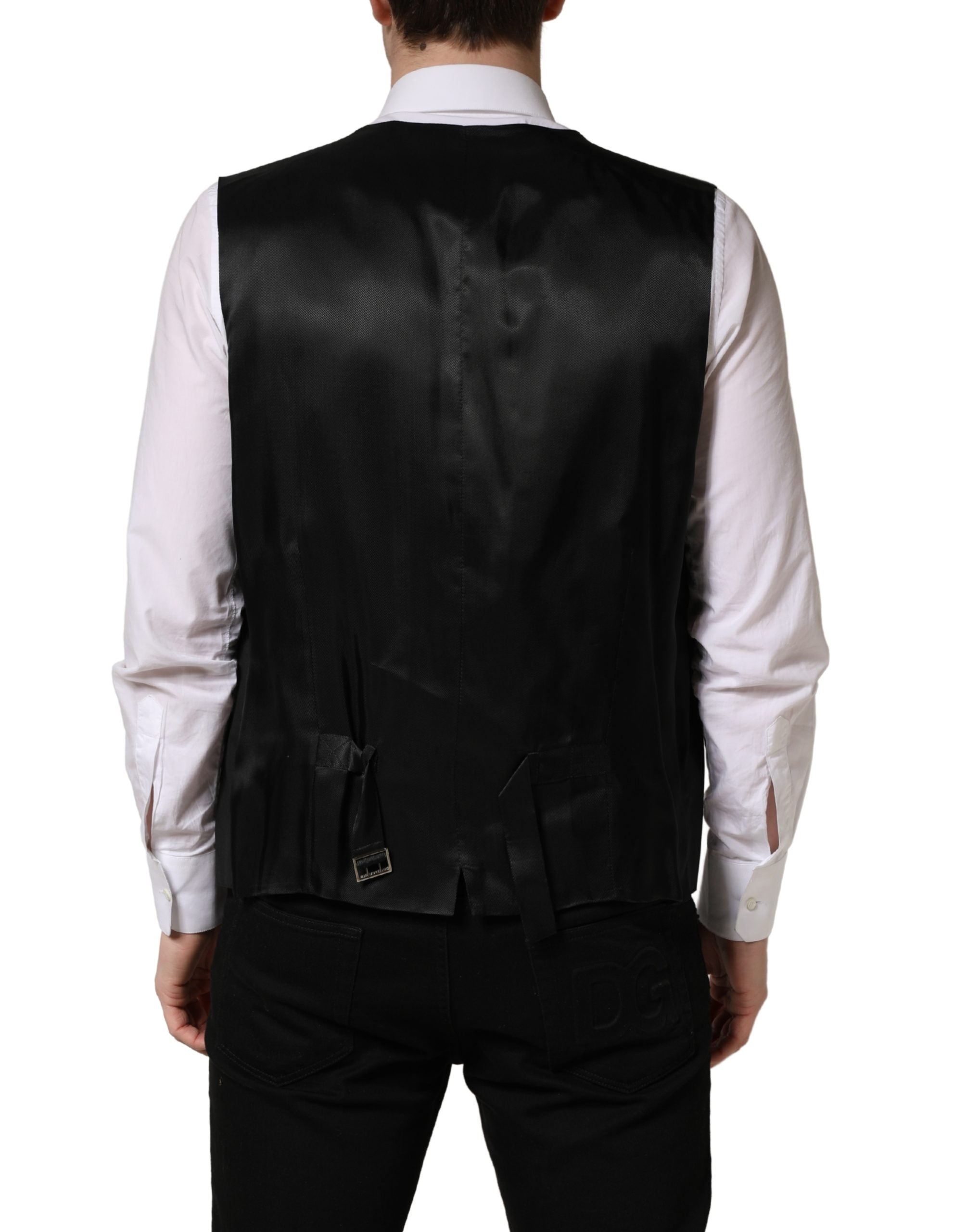 Black Wool Single Breasted Waistcoat Vest - ventzia