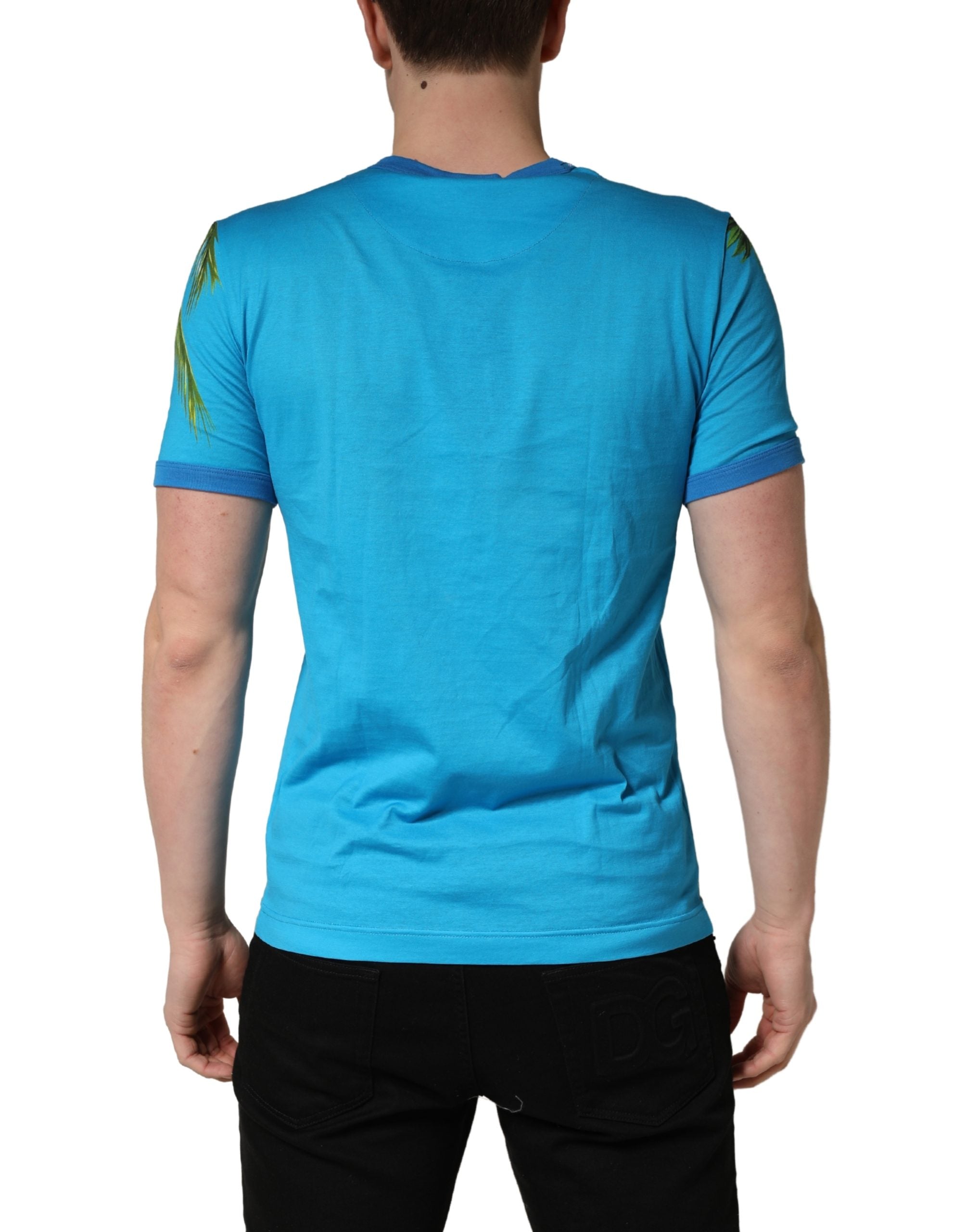 Blue Palm Tree Print Cotton CrewNeck T-shirt - ventzia