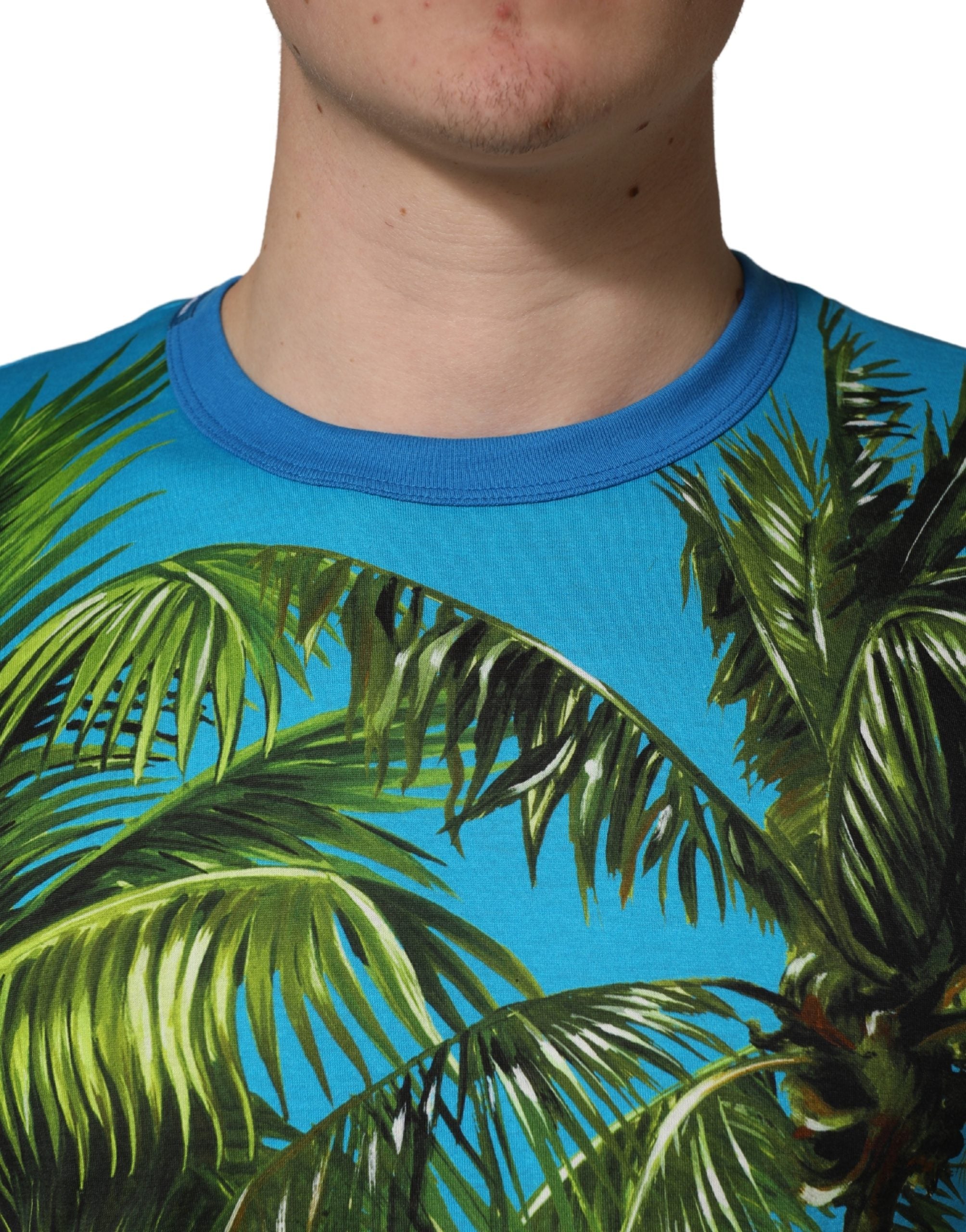 Blue Palm Tree Print Cotton CrewNeck T-shirt - ventzia