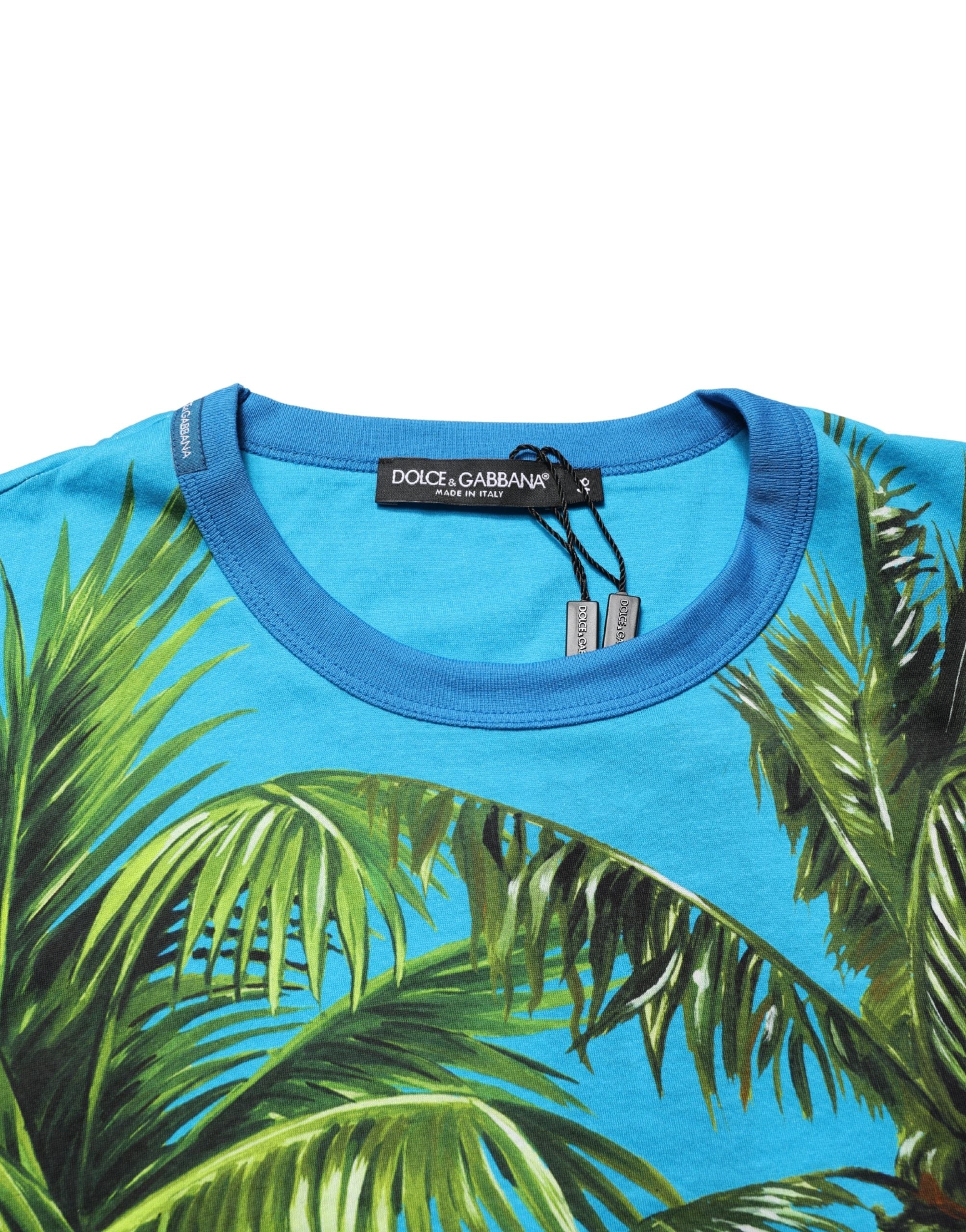 Blue Palm Tree Print Cotton CrewNeck T-shirt - ventzia