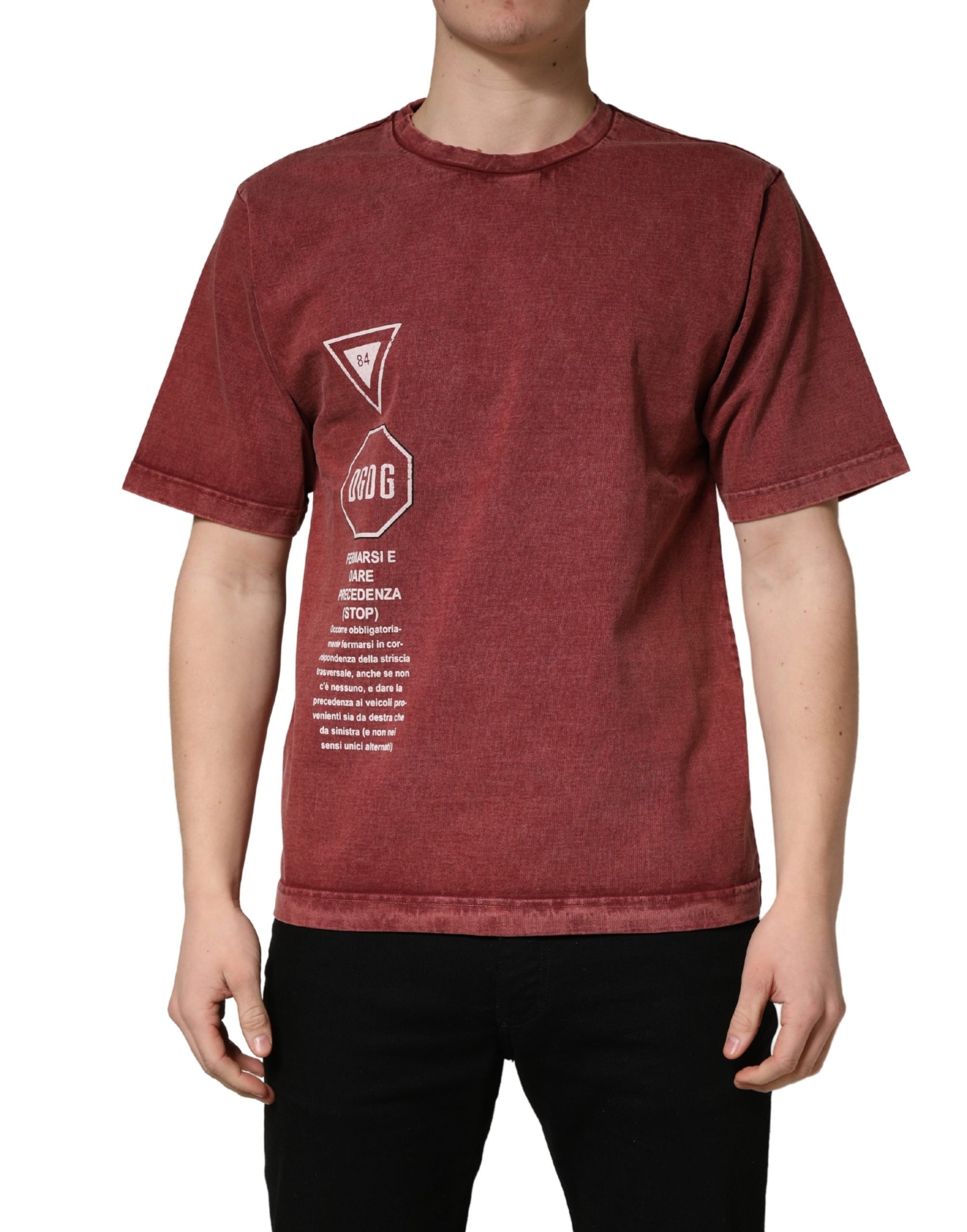 Maroon Print Round Neck Short Sleeve T-shirt - ventzia