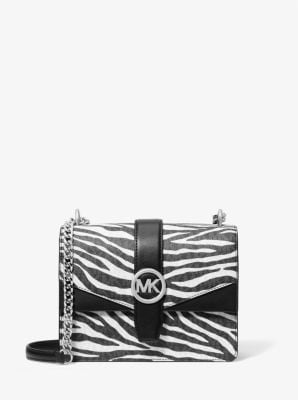 Michael Kors Greenwich Small Print Logo Crossbody Tote Chain Bag Black/White $498 - ventzia