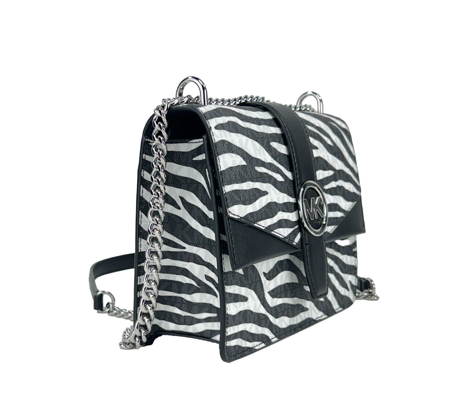 Michael Kors Greenwich Small Print Logo Crossbody Tote Chain Bag Black/White $498 - ventzia
