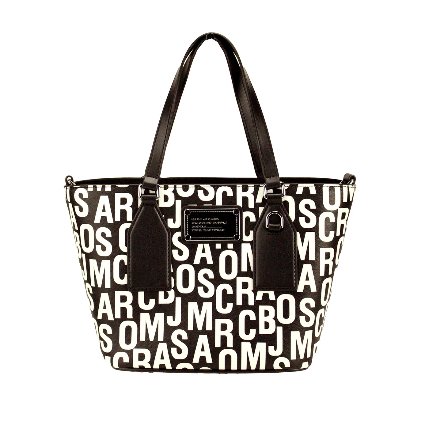 Marc Jacobs Small Black White Monogram Print Saffiano Leather Tote Crossbody Bag - ventzia