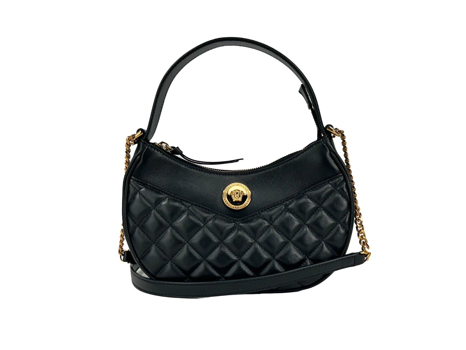 Versace Quilted Black Leather Half Moon Chain Crossbody Bag - ventzia