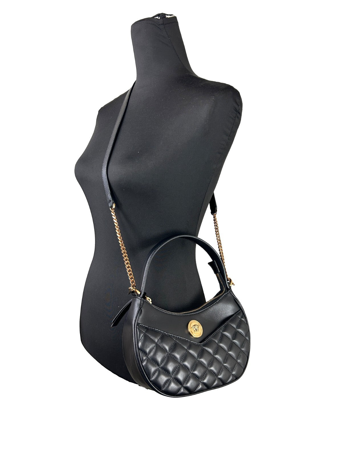 Versace Quilted Black Leather Half Moon Chain Crossbody Bag - ventzia