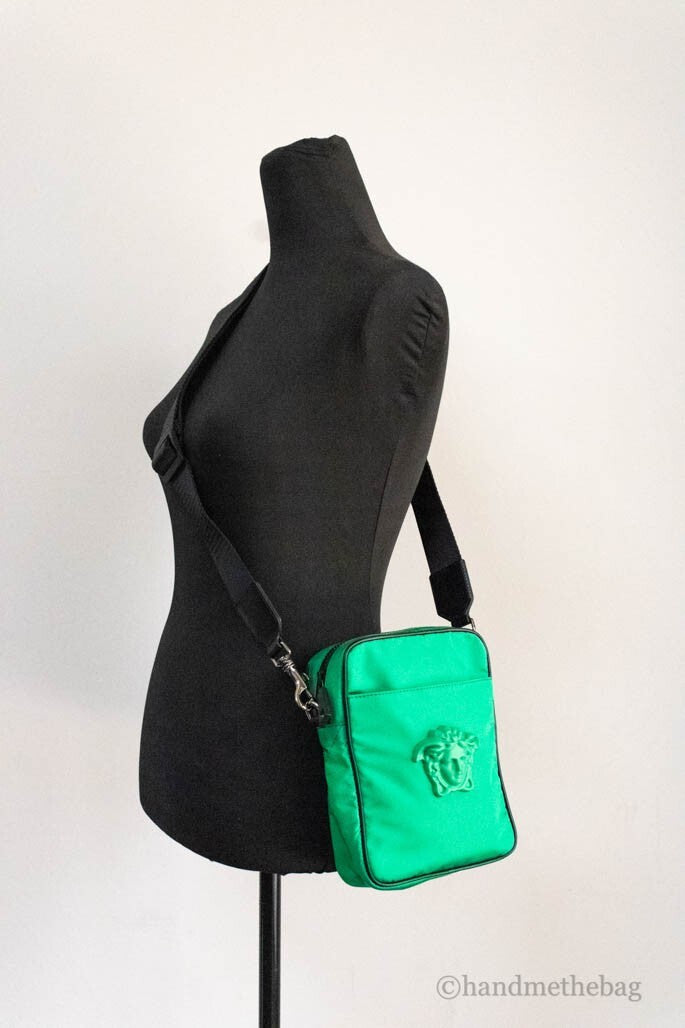 Versace Small Bright Green Nylon Fabric Medusa Crossbody Messenger Bag Purse - ventzia