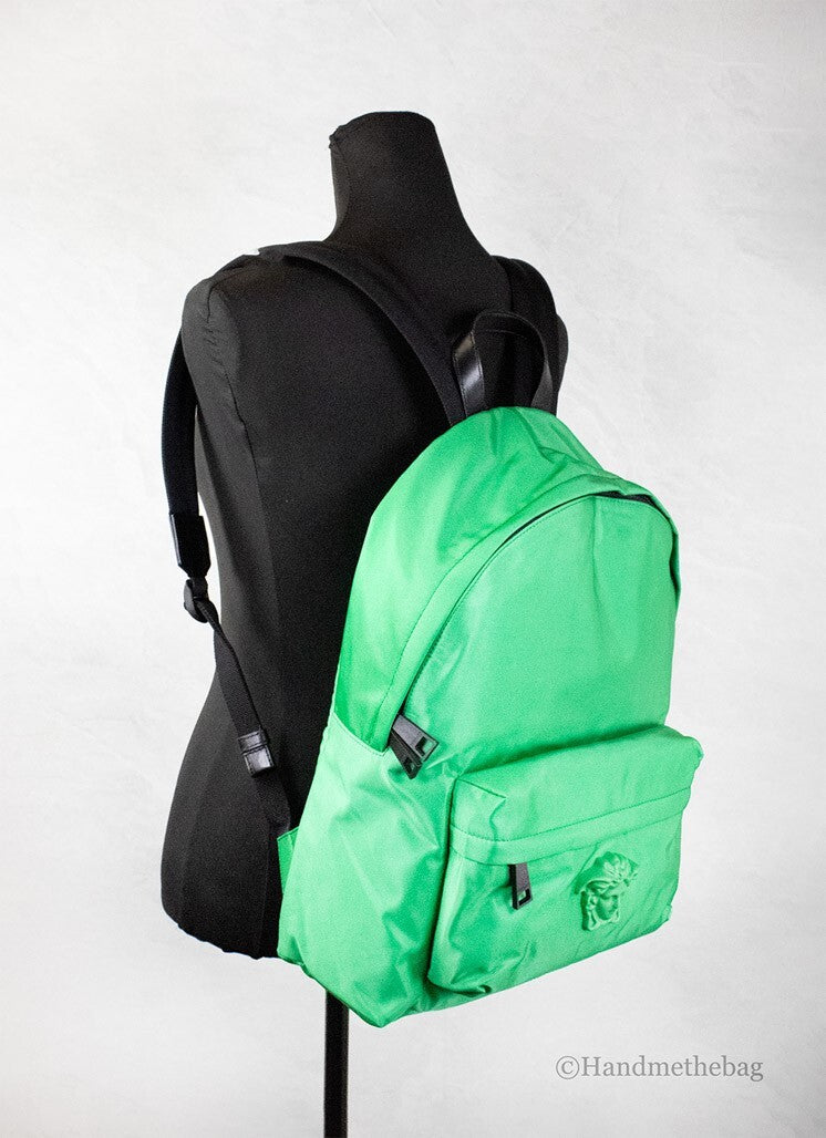 Versace Large Bright Green Nylon Fabric Medusa Shoulder Backpack Bookbag - ventzia