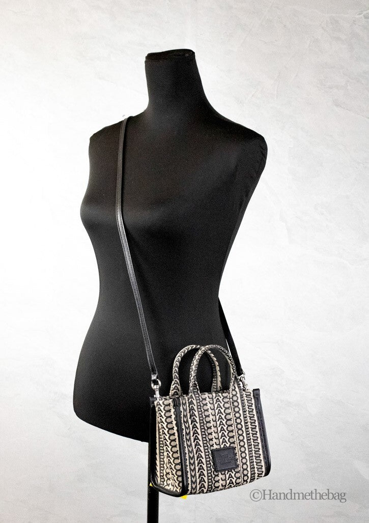 Marc Jacobs The Monogram Beige Mini Tote Woven Jacquard Canvas Crossbody Handbag - ventzia