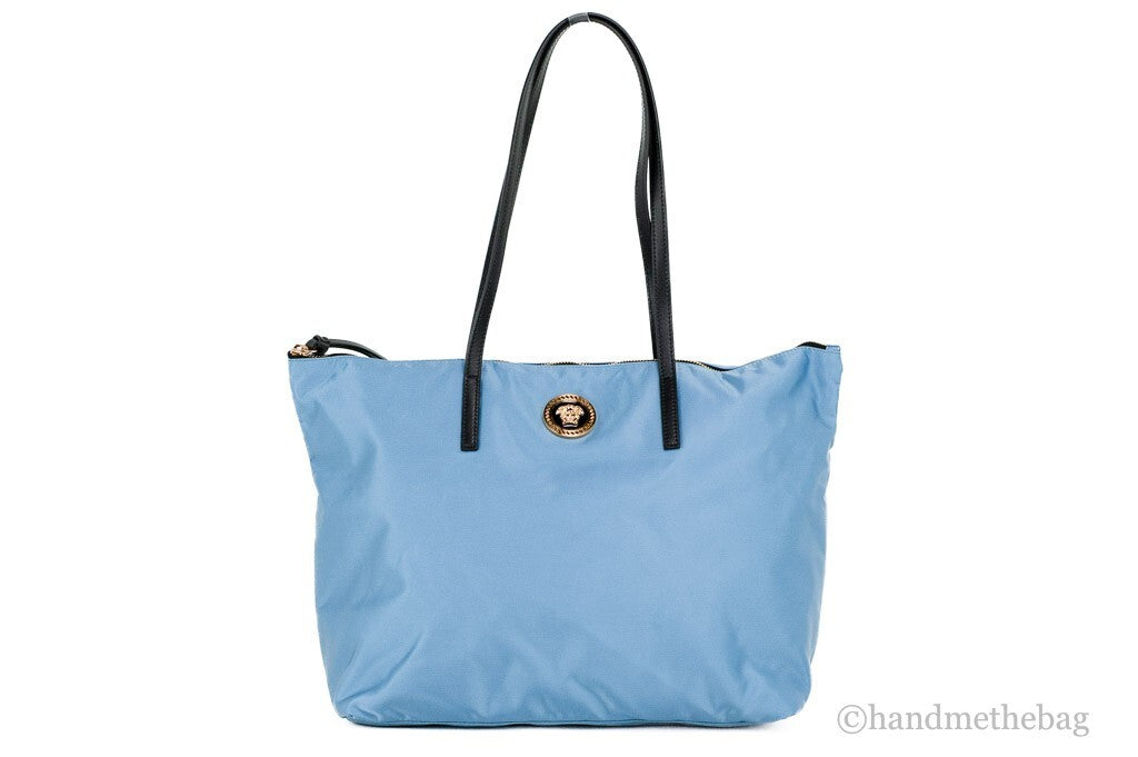 Versace Portuna Medusa Medium Cornflower Blue Nylon Leather Tote Bag Purse - ventzia